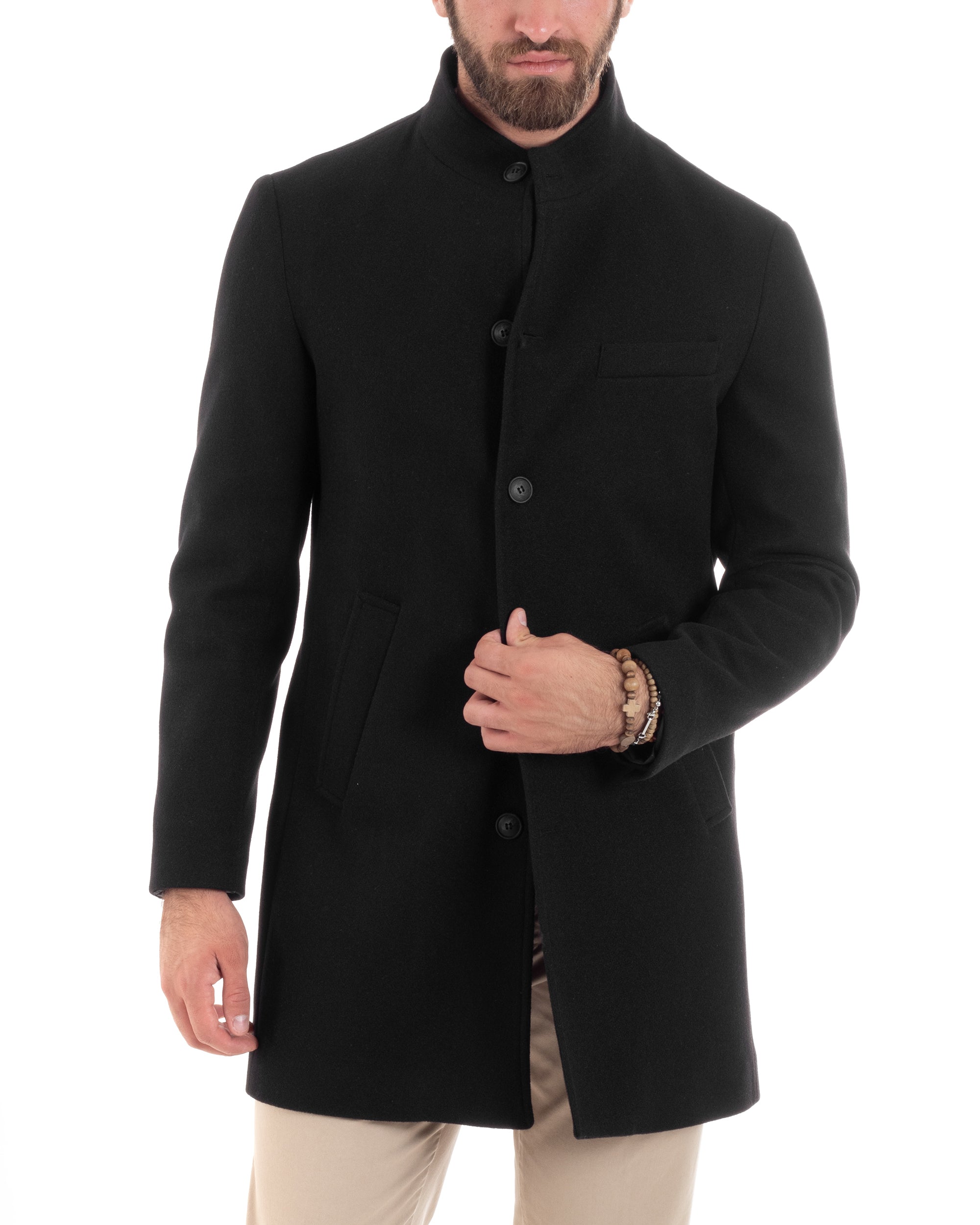 Cappotto Monopetto Uomo Con Collo Coreano Baronetto Elegante Giacca Calda Giaccone Lungo Tinta Unita Nero GIOSAL-CO1050A