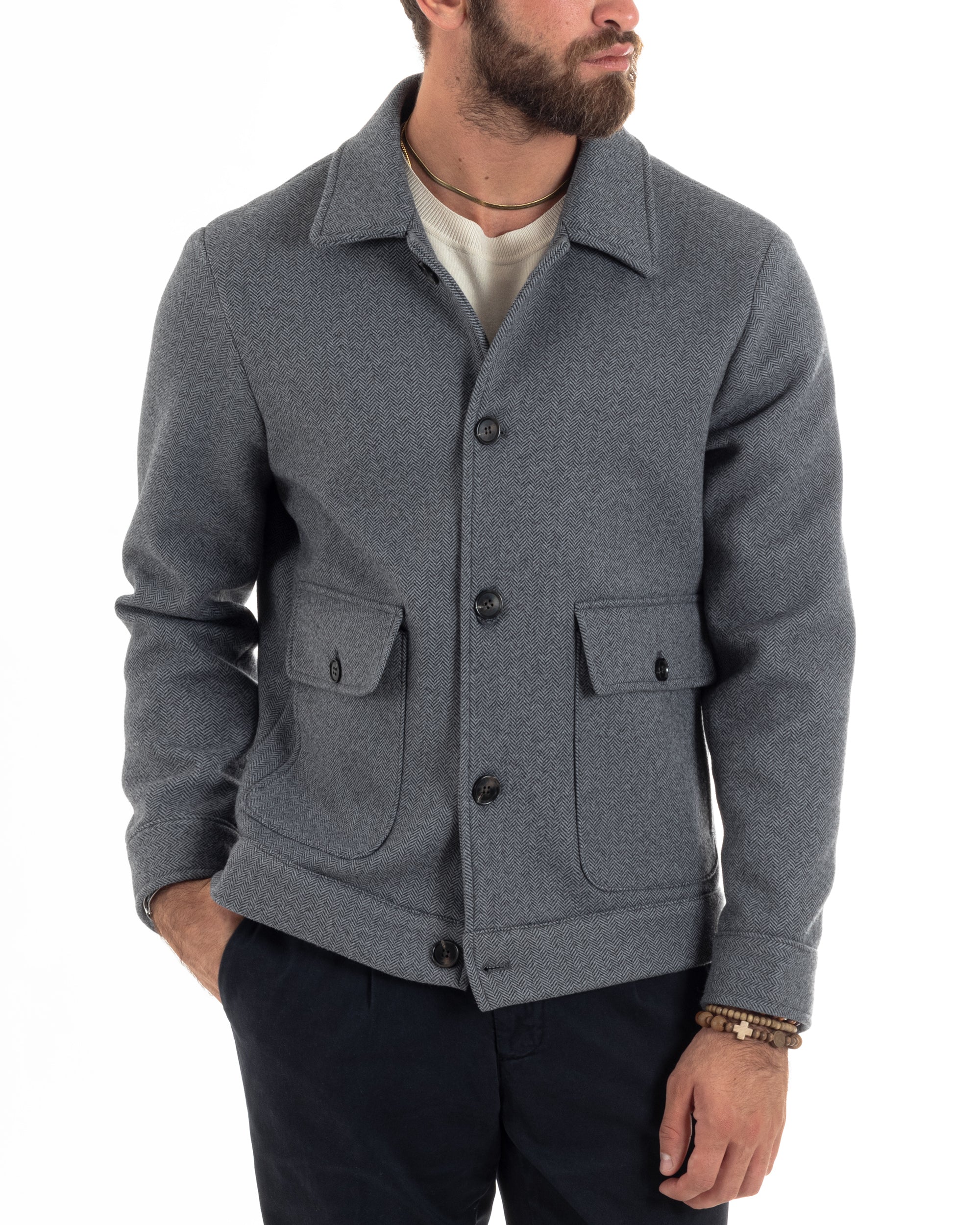 Cappotto Spigato Uomo Con Colletto Giacca Monopetto Giaccone Con Tasche Giubbotto Casual Grigio GIOSAL-CO1051A