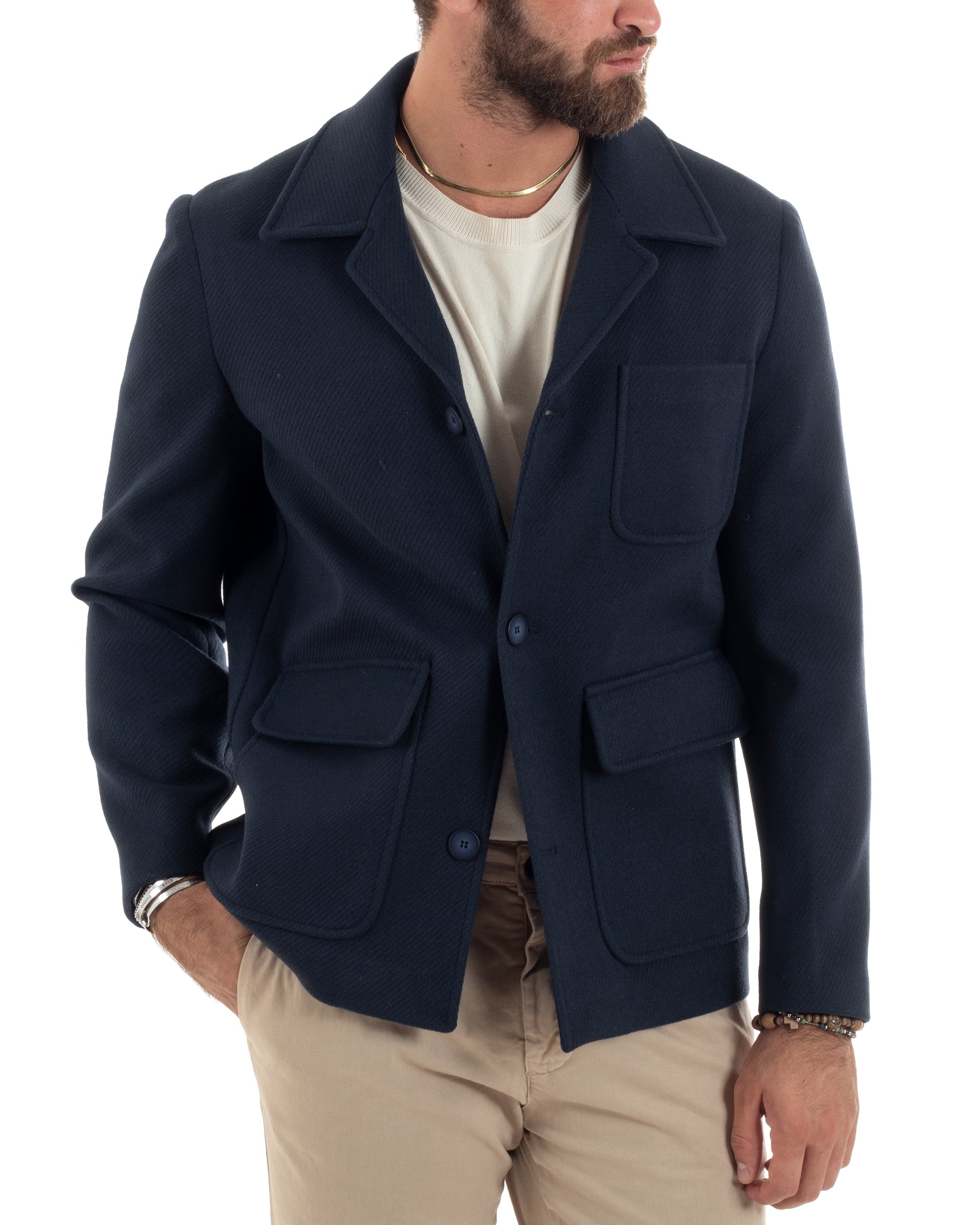 Cappotto Diagonale Uomo Con Colletto Giacca Monopetto Giaccone Con Tasche Giubbotto Casual Blu GIOSAL-CO1052A