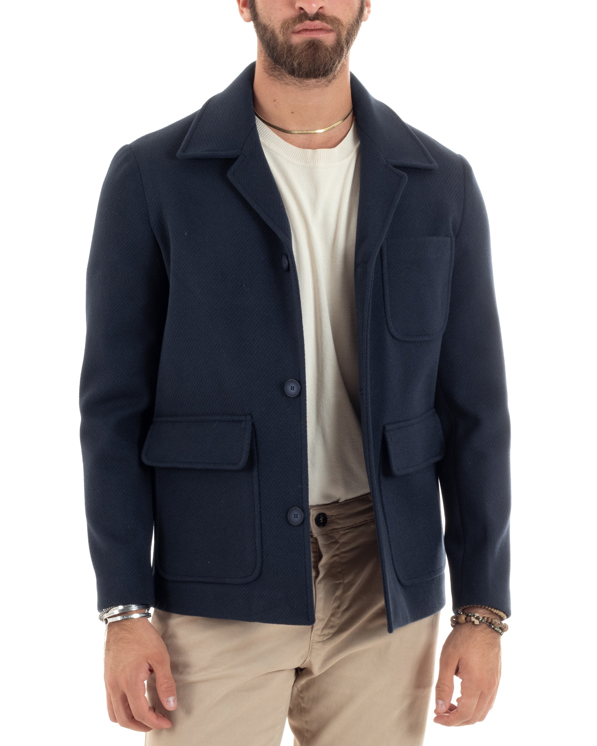 Cappotto Diagonale Uomo Con Colletto Giacca Monopetto Giaccone Con Tasche Giubbotto Casual Blu GIOSAL-CO1052A