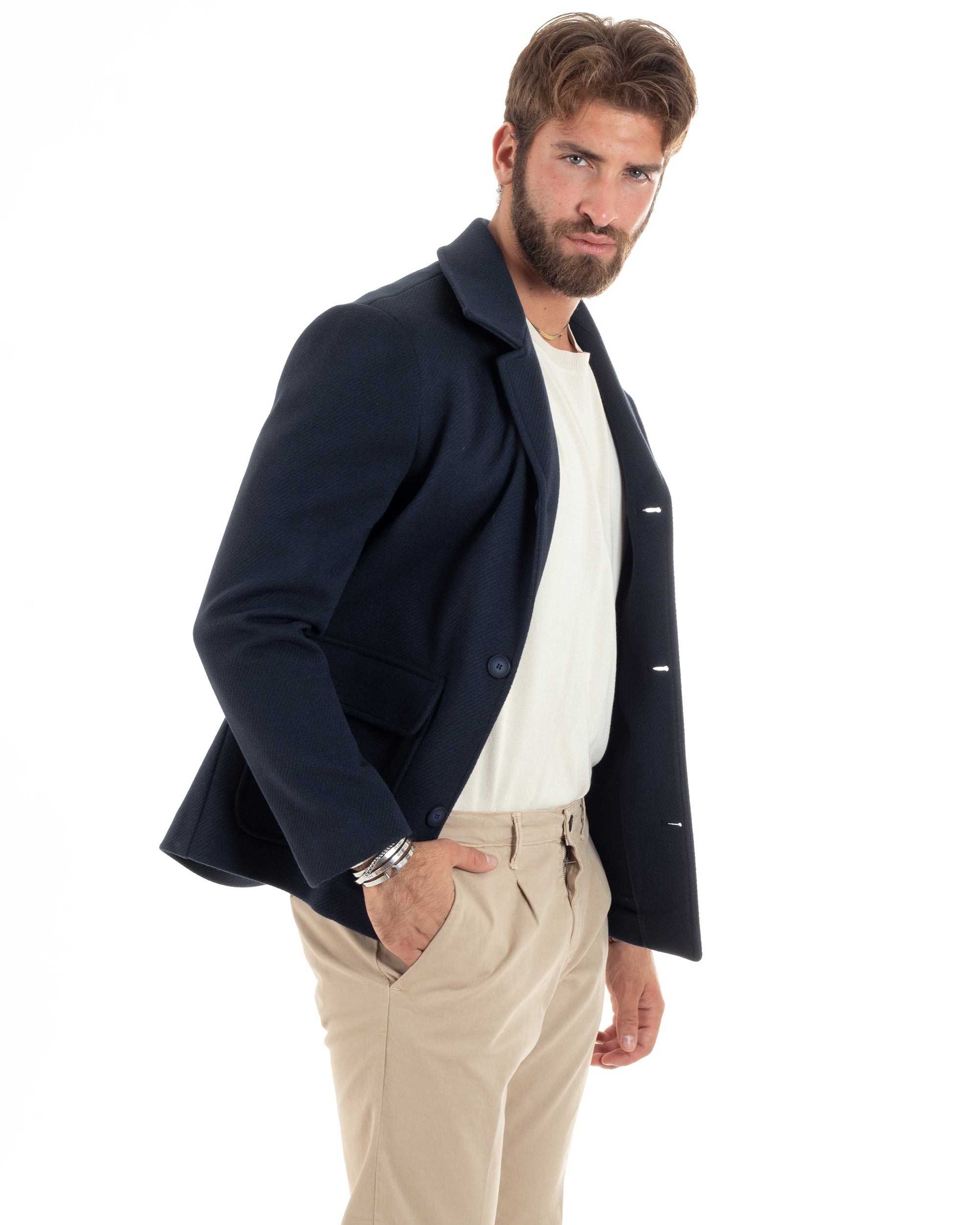 Cappotto Diagonale Uomo Con Colletto Giacca Monopetto Giaccone Con Tasche Giubbotto Casual Blu GIOSAL-CO1052A