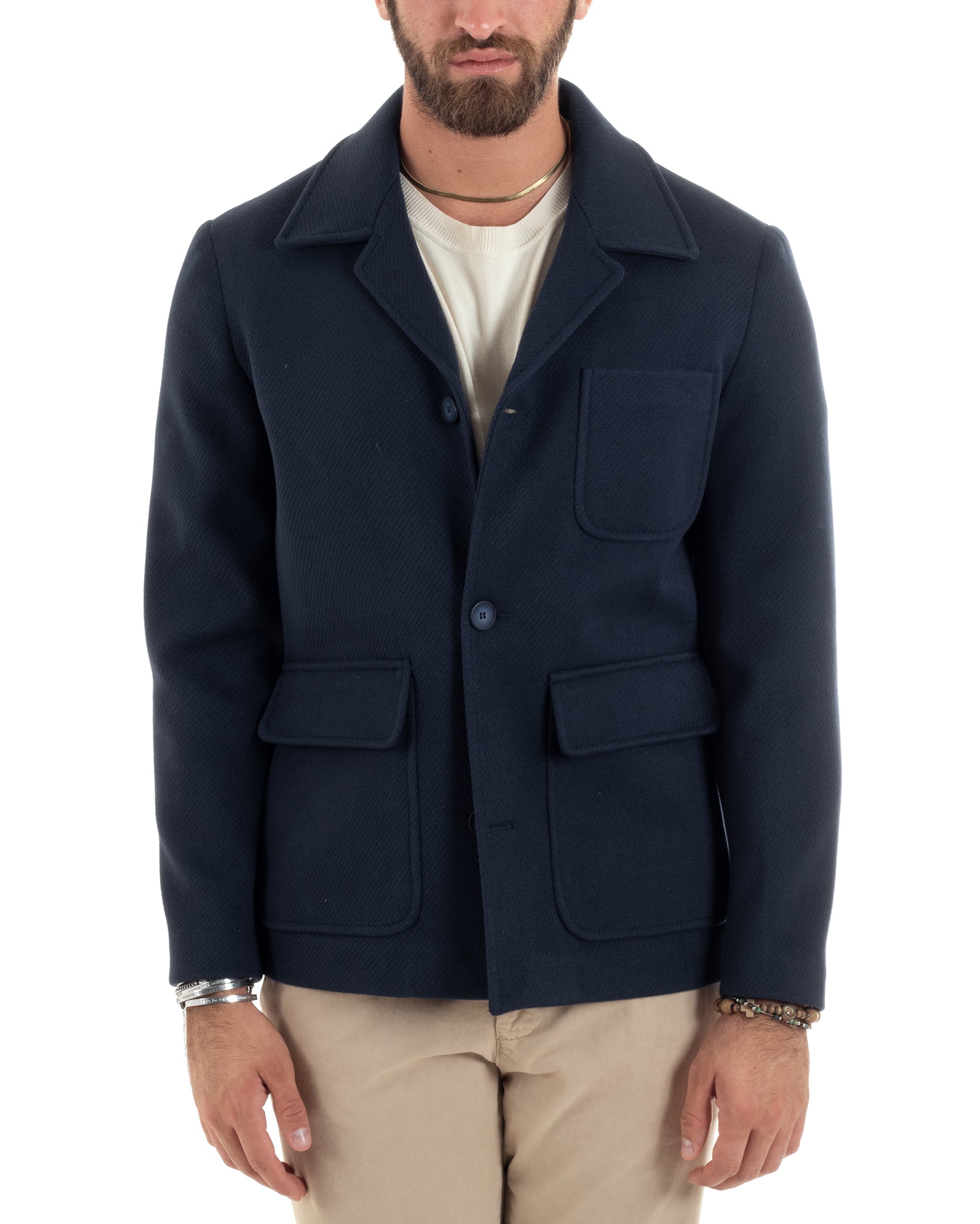 Cappotto Diagonale Uomo Con Colletto Giacca Monopetto Giaccone Con Tasche Giubbotto Casual Blu GIOSAL-CO1052A