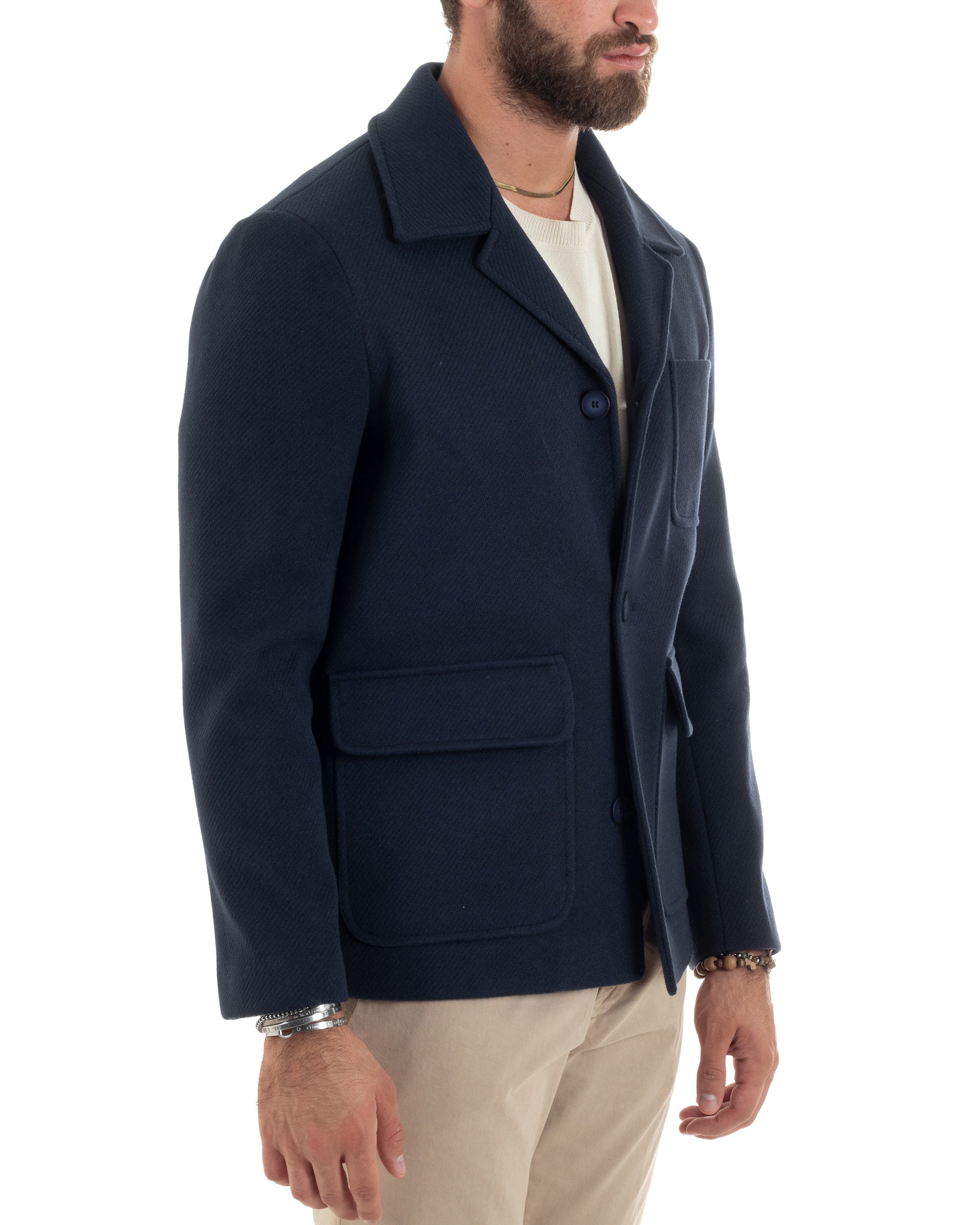 Cappotto Diagonale Uomo Con Colletto Giacca Monopetto Giaccone Con Tasche Giubbotto Casual Blu GIOSAL-CO1052A