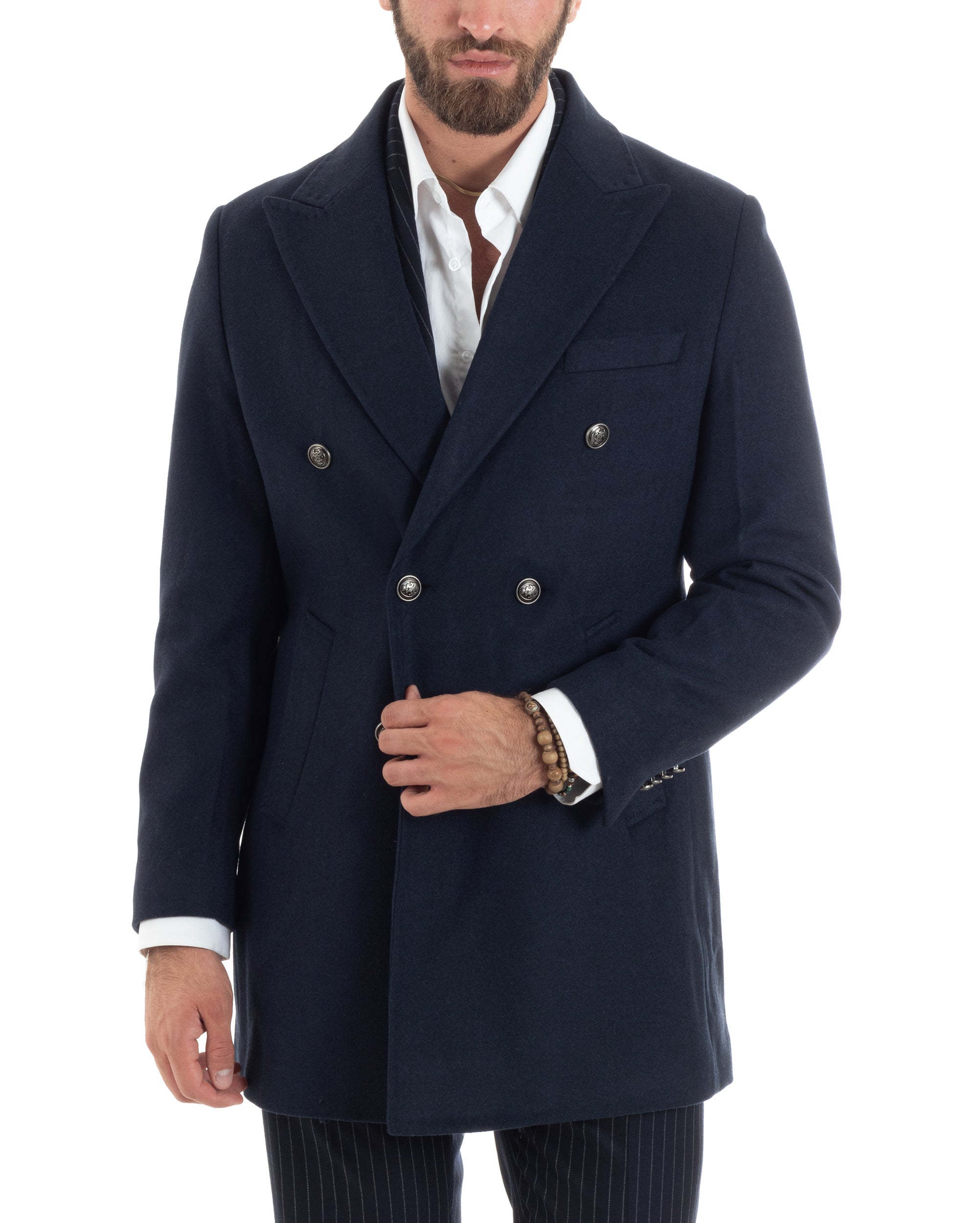 Cappotto Doppiopetto Uomo Con Bottoni In Metallo E Martingala Lana Giaccone Sartoriale Caldo Giubbotto Elegante Blu GIOSAL-CO1054A