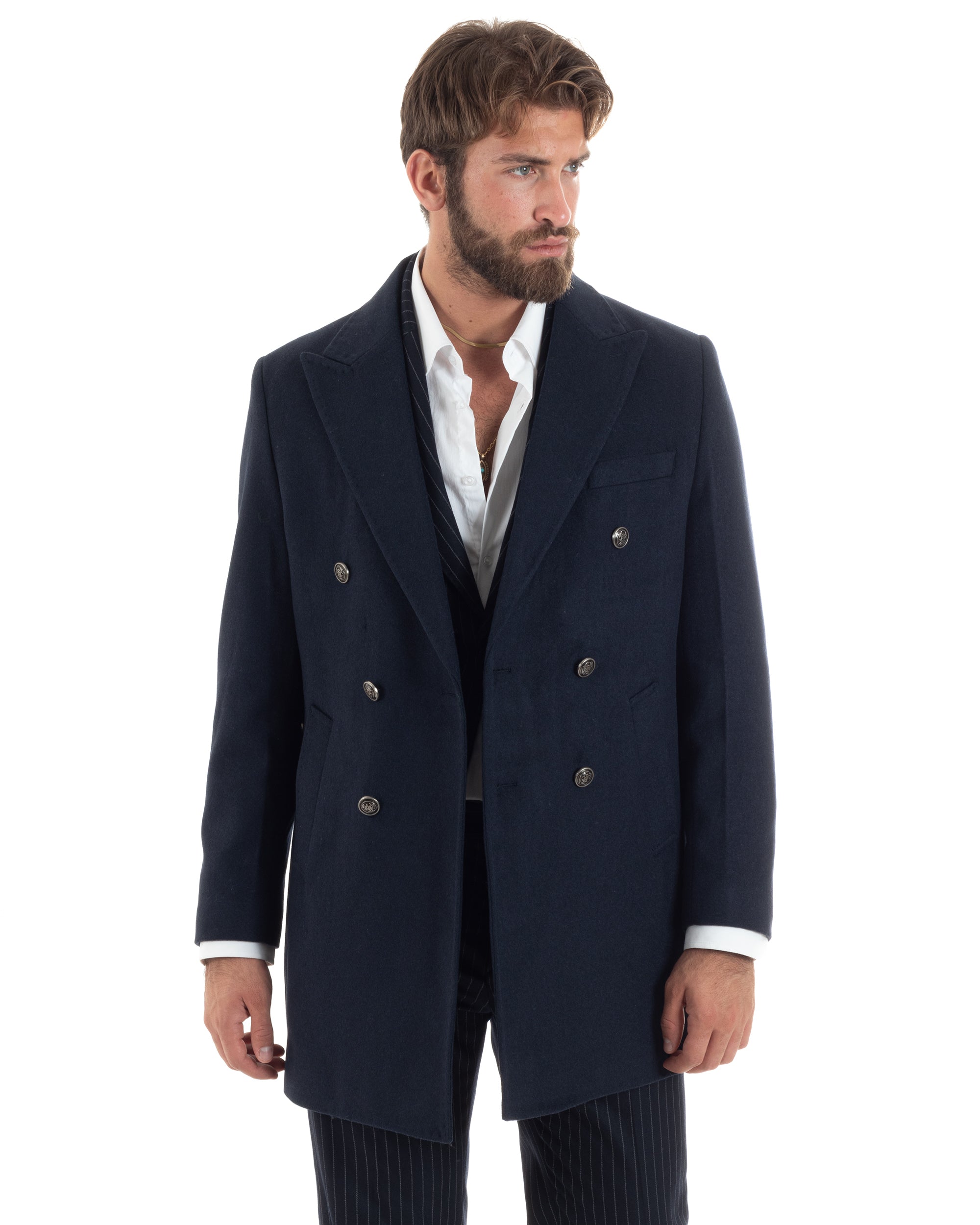 Cappotto Doppiopetto Uomo Con Bottoni In Metallo E Martingala Lana Giaccone Sartoriale Caldo Giubbotto Elegante Blu GIOSAL-CO1054A