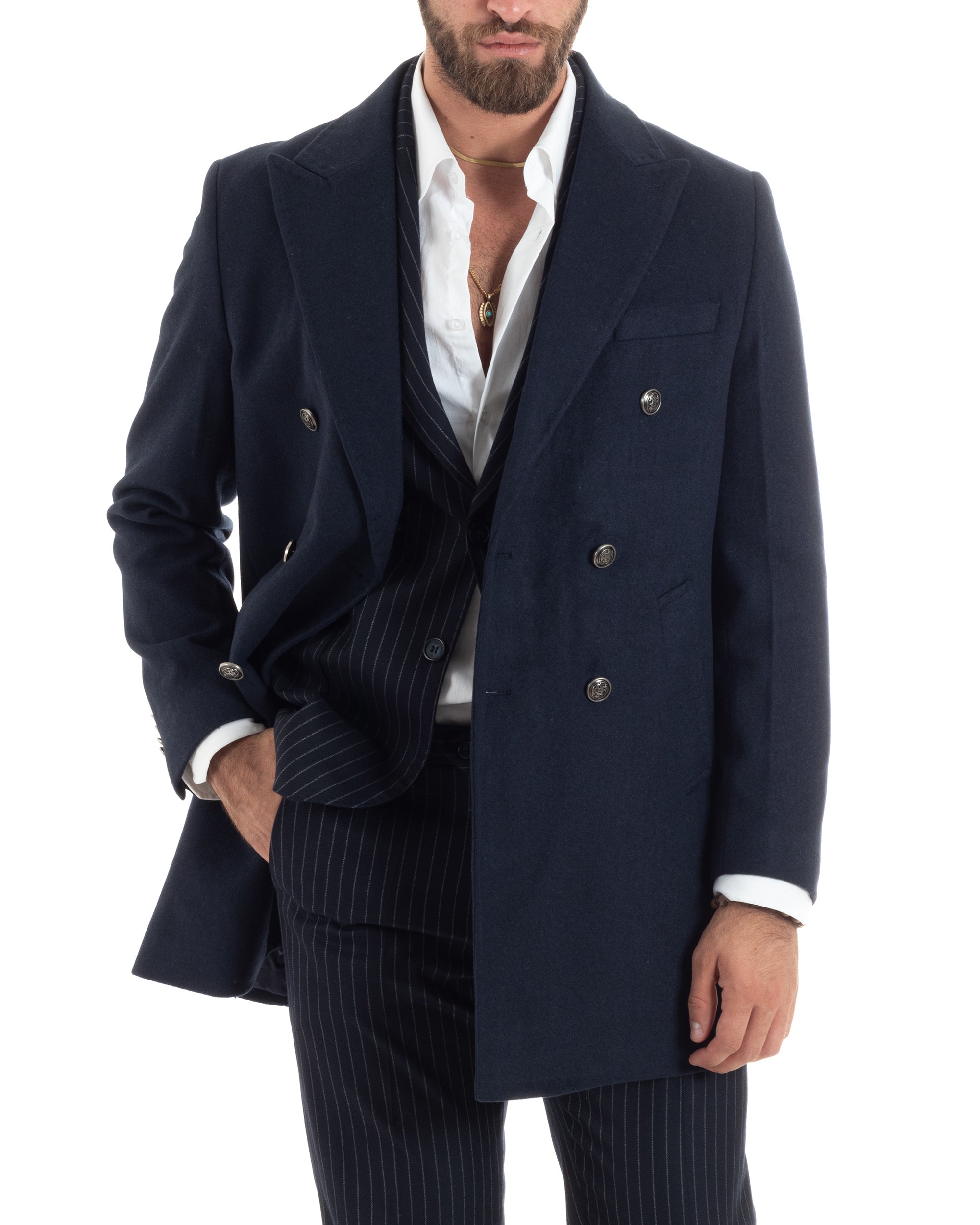 Cappotto Doppiopetto Uomo Con Bottoni In Metallo E Martingala Lana Giaccone Sartoriale Caldo Giubbotto Elegante Blu GIOSAL-CO1054A