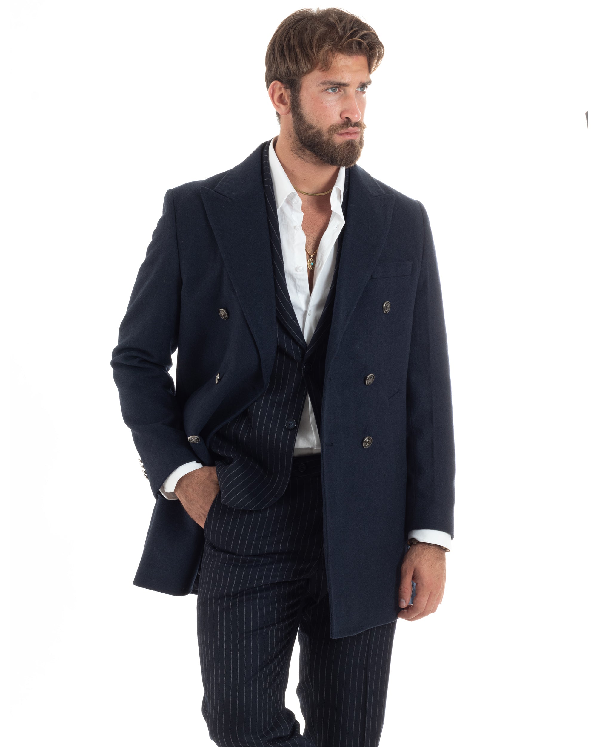 Cappotto Doppiopetto Uomo Con Bottoni In Metallo E Martingala Lana Giaccone Sartoriale Caldo Giubbotto Elegante Blu GIOSAL-CO1054A