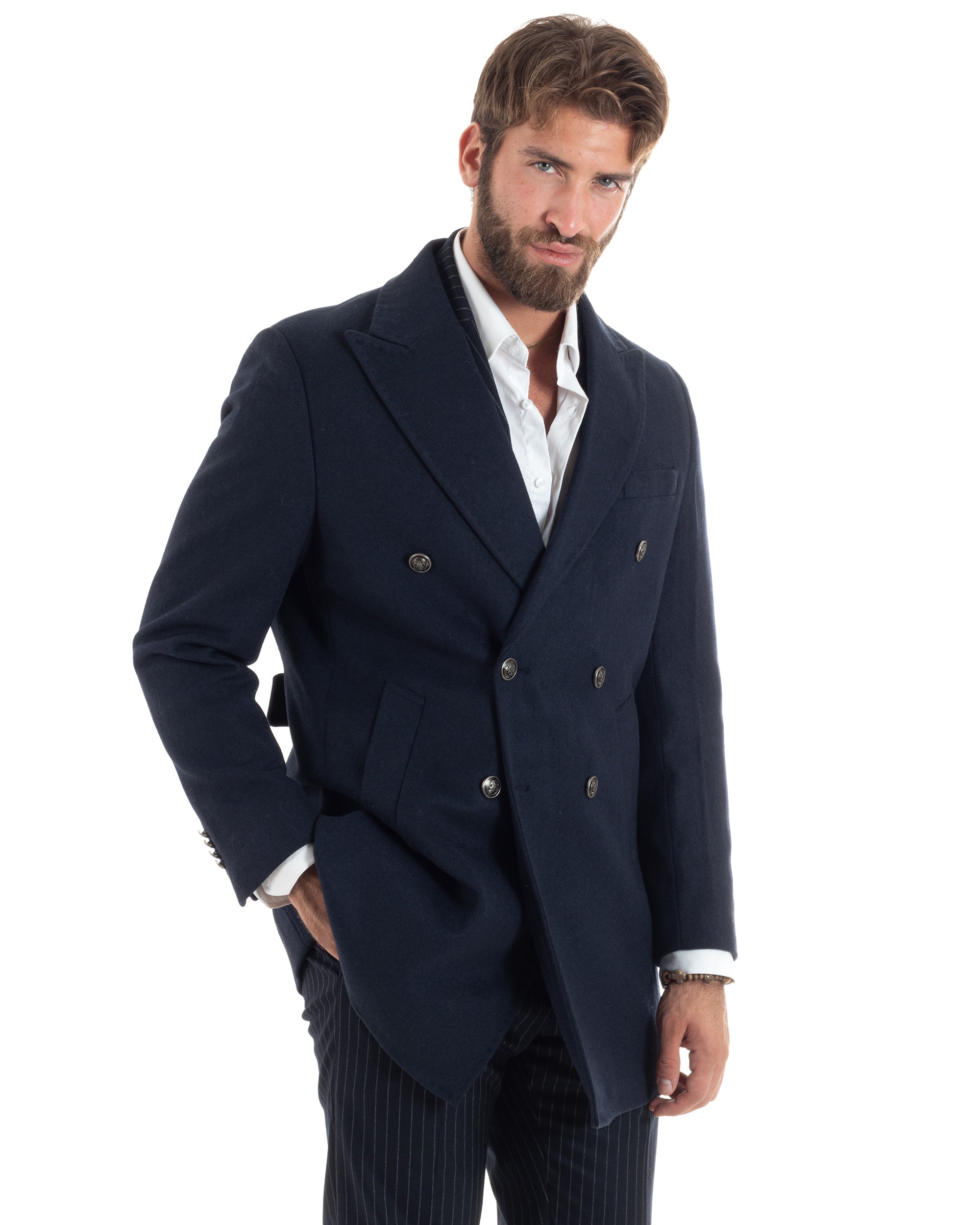 Cappotto Doppiopetto Uomo Con Bottoni In Metallo E Martingala Lana Giaccone Sartoriale Caldo Giubbotto Elegante Blu GIOSAL-CO1054A