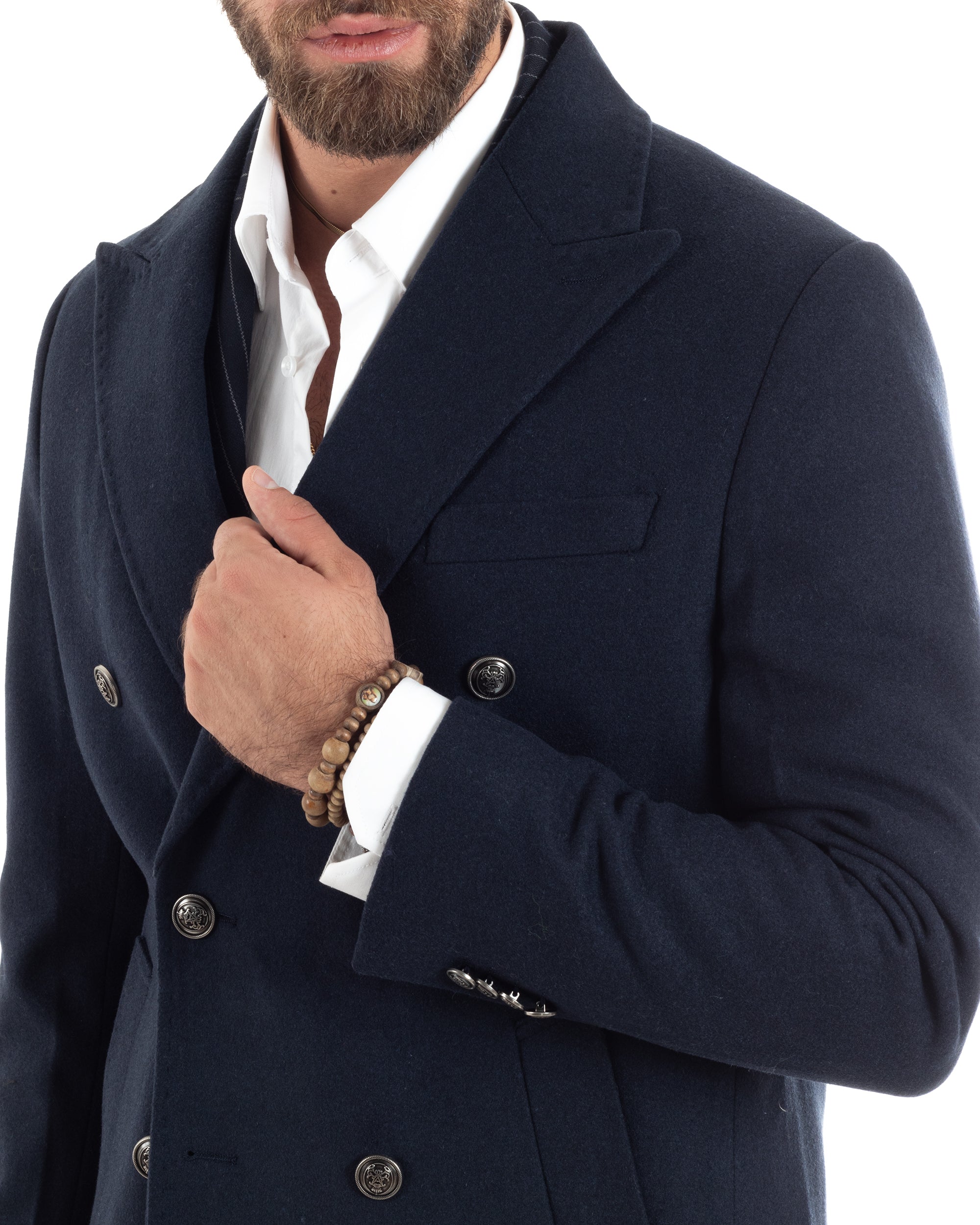 Cappotto Doppiopetto Uomo Con Bottoni In Metallo E Martingala Lana Giaccone Sartoriale Caldo Giubbotto Elegante Blu GIOSAL-CO1054A