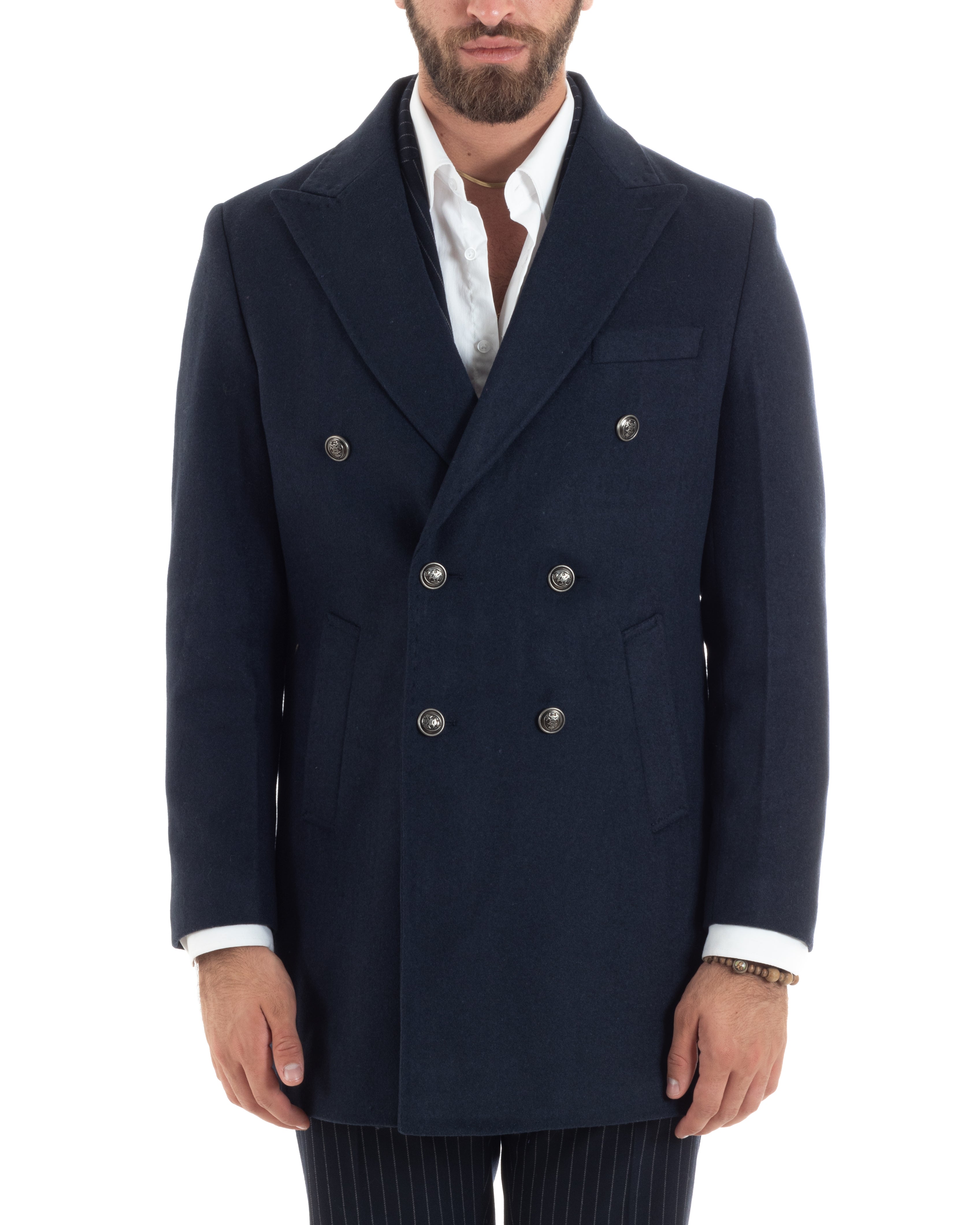 Cappotto Doppiopetto Uomo Con Bottoni In Metallo E Martingala Lana Giaccone Sartoriale Caldo Giubbotto Elegante Blu GIOSAL-CO1054A