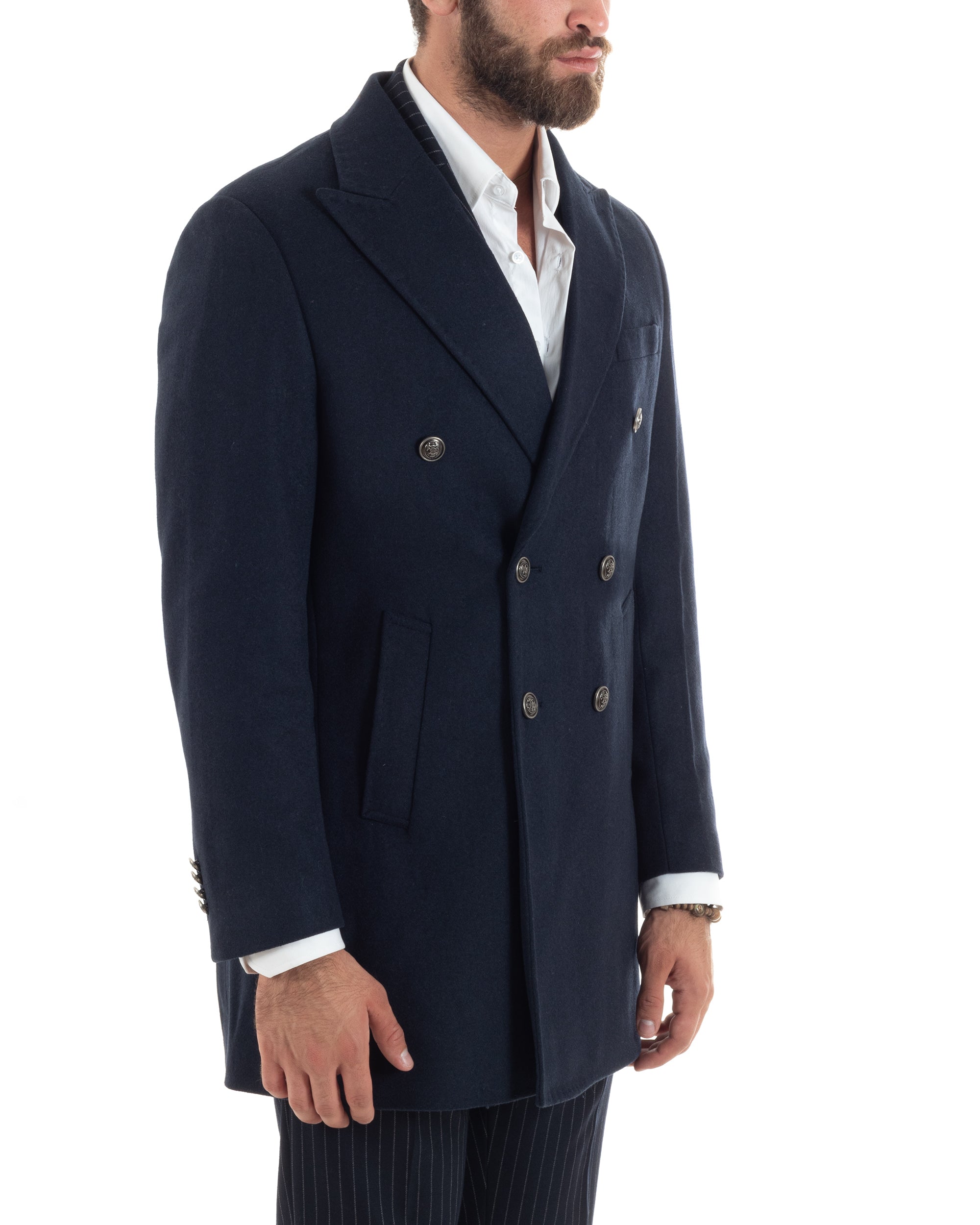 Cappotto Doppiopetto Uomo Con Bottoni In Metallo E Martingala Lana Giaccone Sartoriale Caldo Giubbotto Elegante Blu GIOSAL-CO1054A