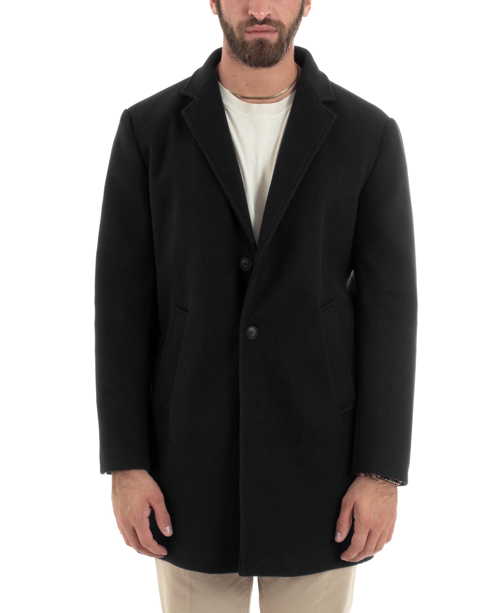 Cappotto Monopetto Uomo Sartoriale Baronetto Basic Elegante Giaccone Giacca Calda Lunga Tinta Unita Nero GIOSAL-CO1056A