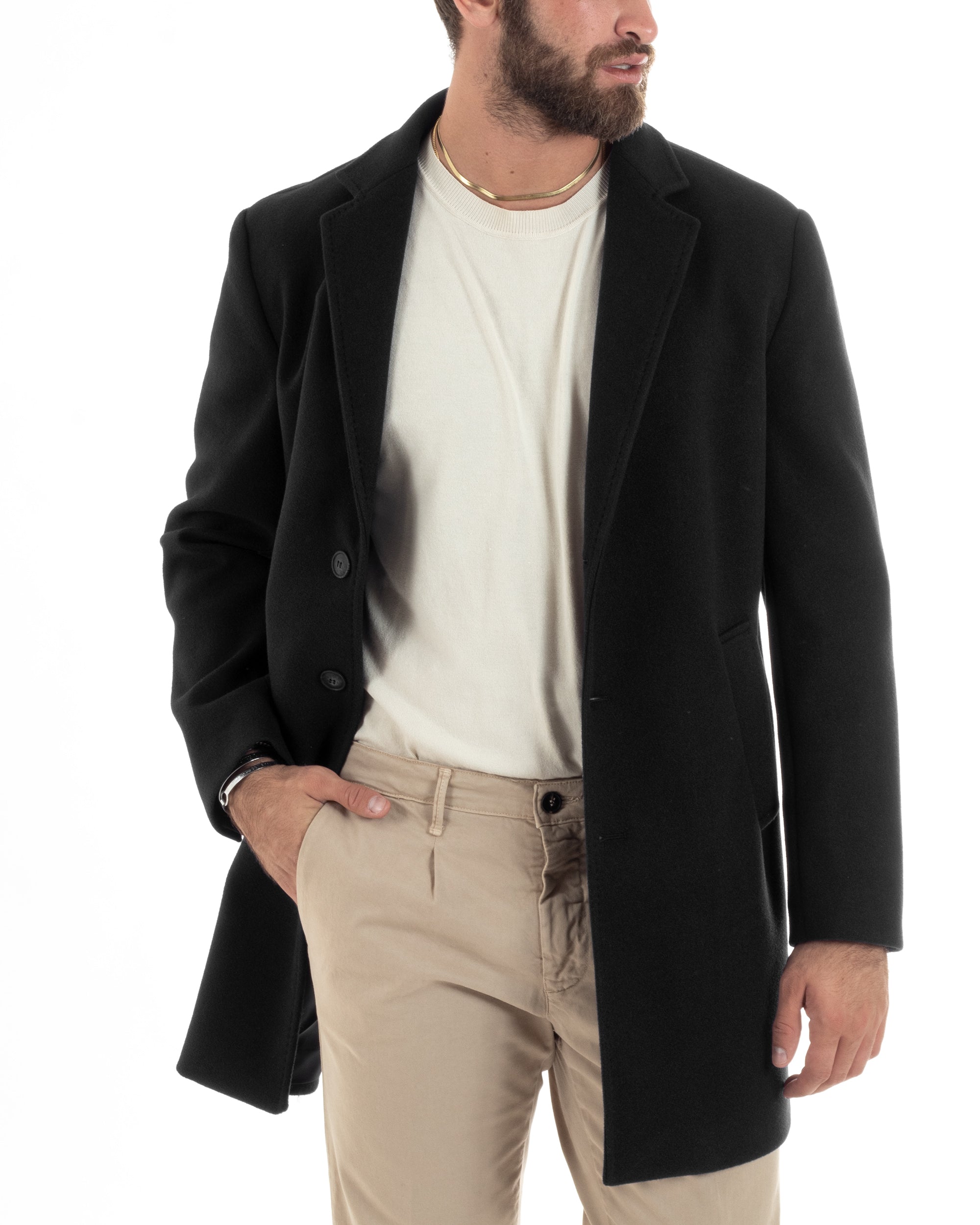 Cappotto Monopetto Uomo Sartoriale Baronetto Basic Elegante Giaccone Giacca Calda Lunga Tinta Unita Nero GIOSAL-CO1056A