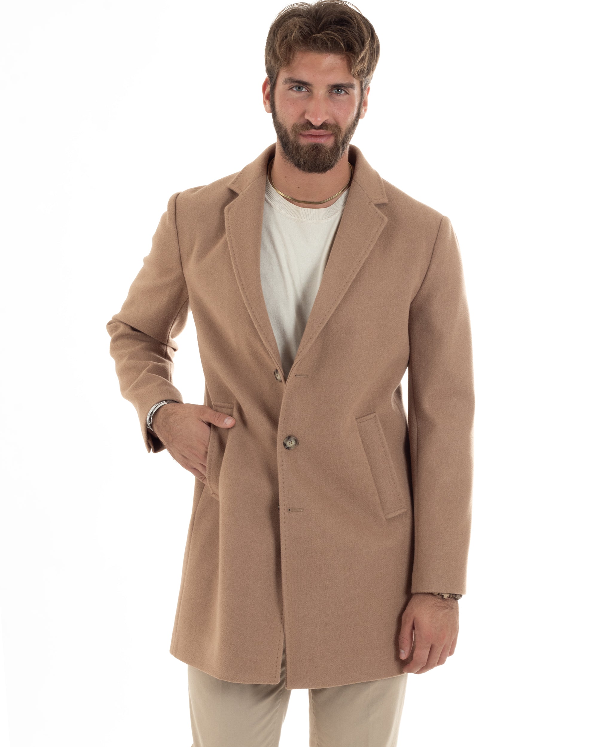 Cappotto Monopetto Uomo Sartoriale Baronetto Basic Elegante Giaccone Giacca Calda Lunga Tinta Unita Camel GIOSAL-CO1057A