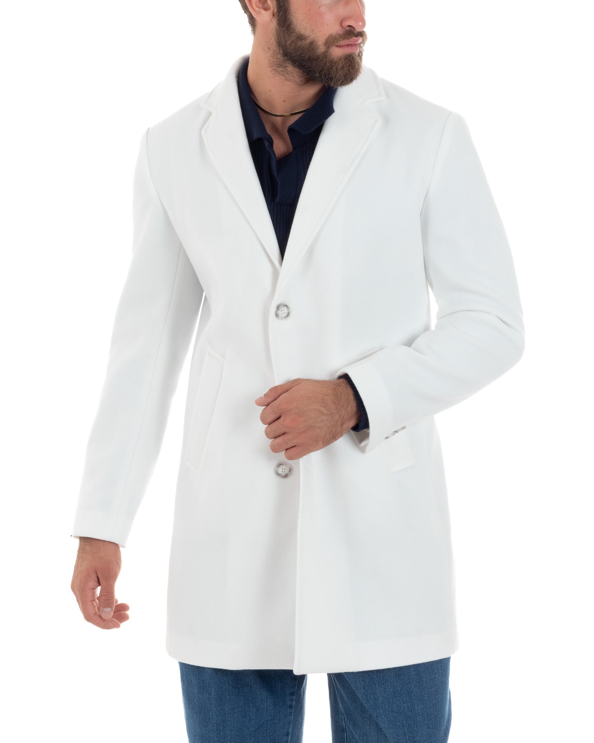 Cappotto Monopetto Uomo Sartoriale Baronetto Basic Elegante Giaccone Giacca Calda Lunga Tinta Unita Bianco GIOSAL-CO1058A