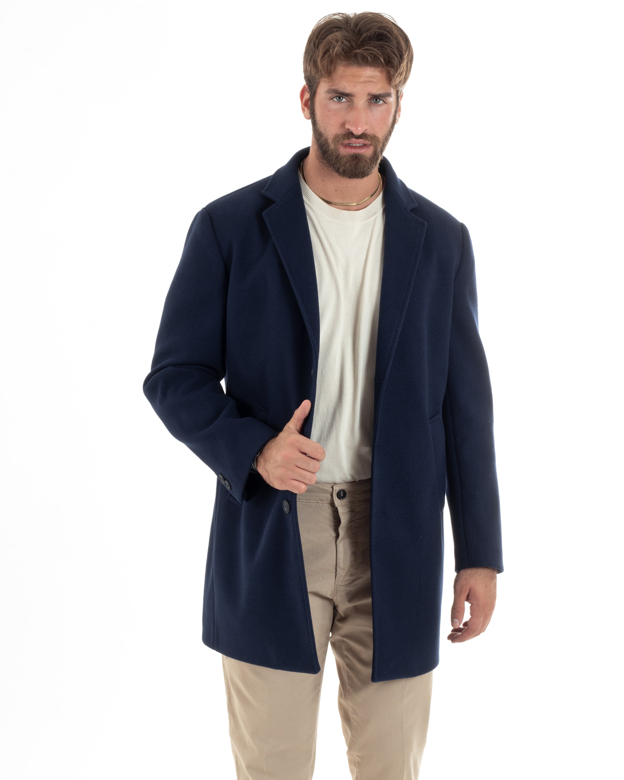 Cappotto Monopetto Uomo Sartoriale Baronetto Basic Elegante Giaccone Giacca Calda Lunga Tinta Unita Blu GIOSAL-CO1059A