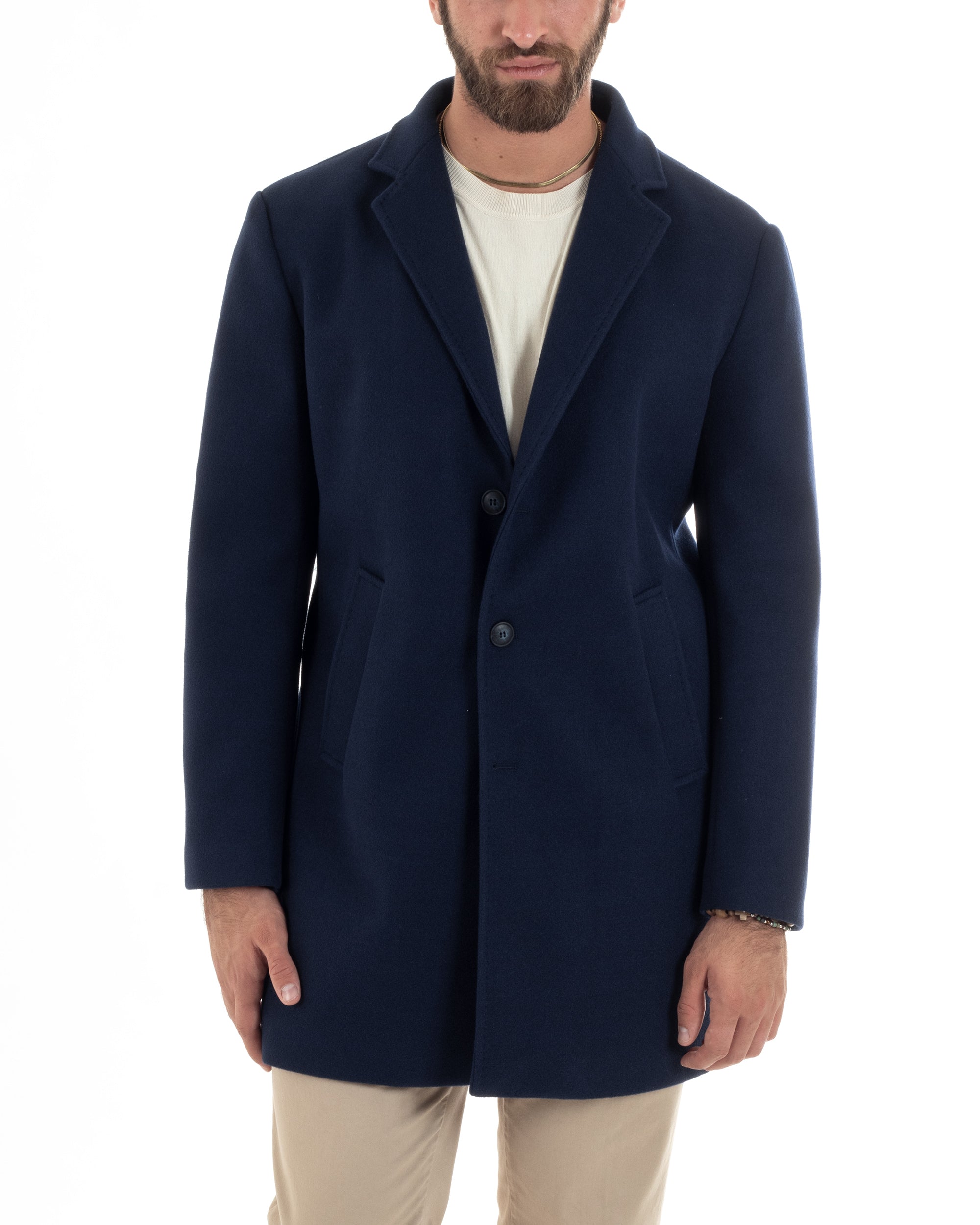 Cappotto Monopetto Uomo Sartoriale Baronetto Basic Elegante Giaccone Giacca Calda Lunga Tinta Unita Blu GIOSAL-CO1059A