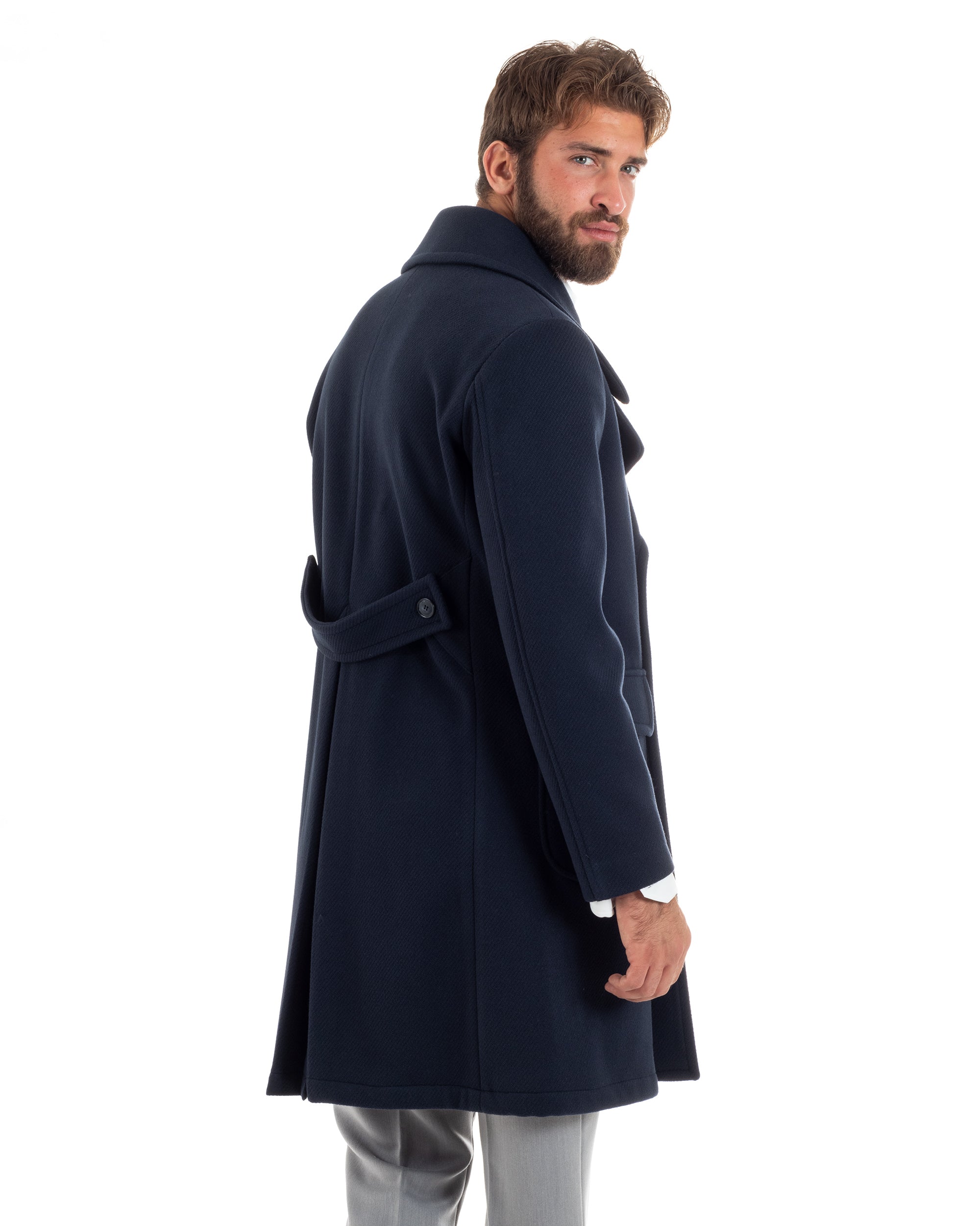 Cappotto Doppiopetto Uomo Diagonale Sartoriale Con Martingala E Tasche Giubbotto Giaccone Lungo Blu GIOSAL-CO1062A