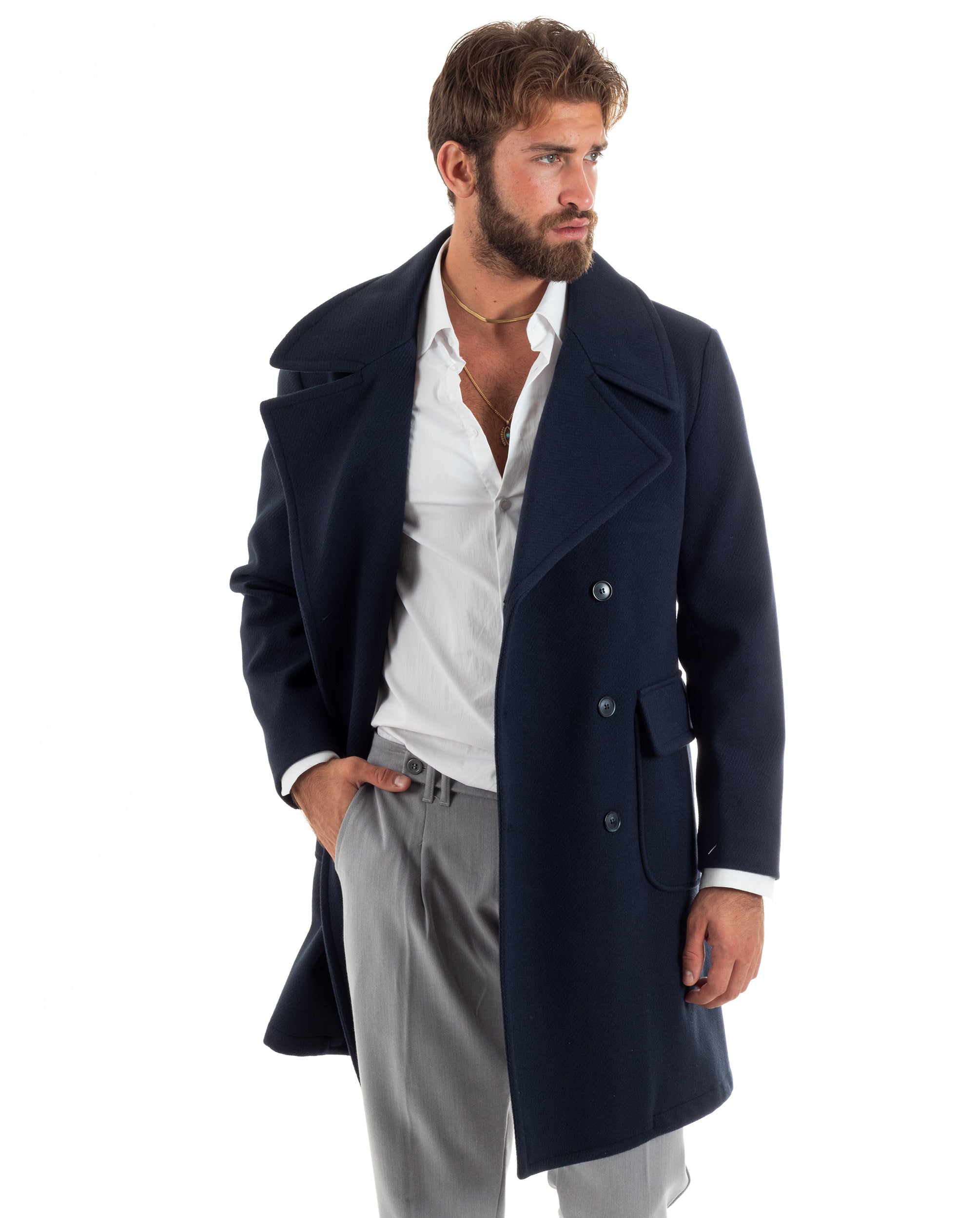 Cappotto Doppiopetto Uomo Diagonale Sartoriale Con Martingala E Tasche Giubbotto Giaccone Lungo Blu GIOSAL-CO1062A