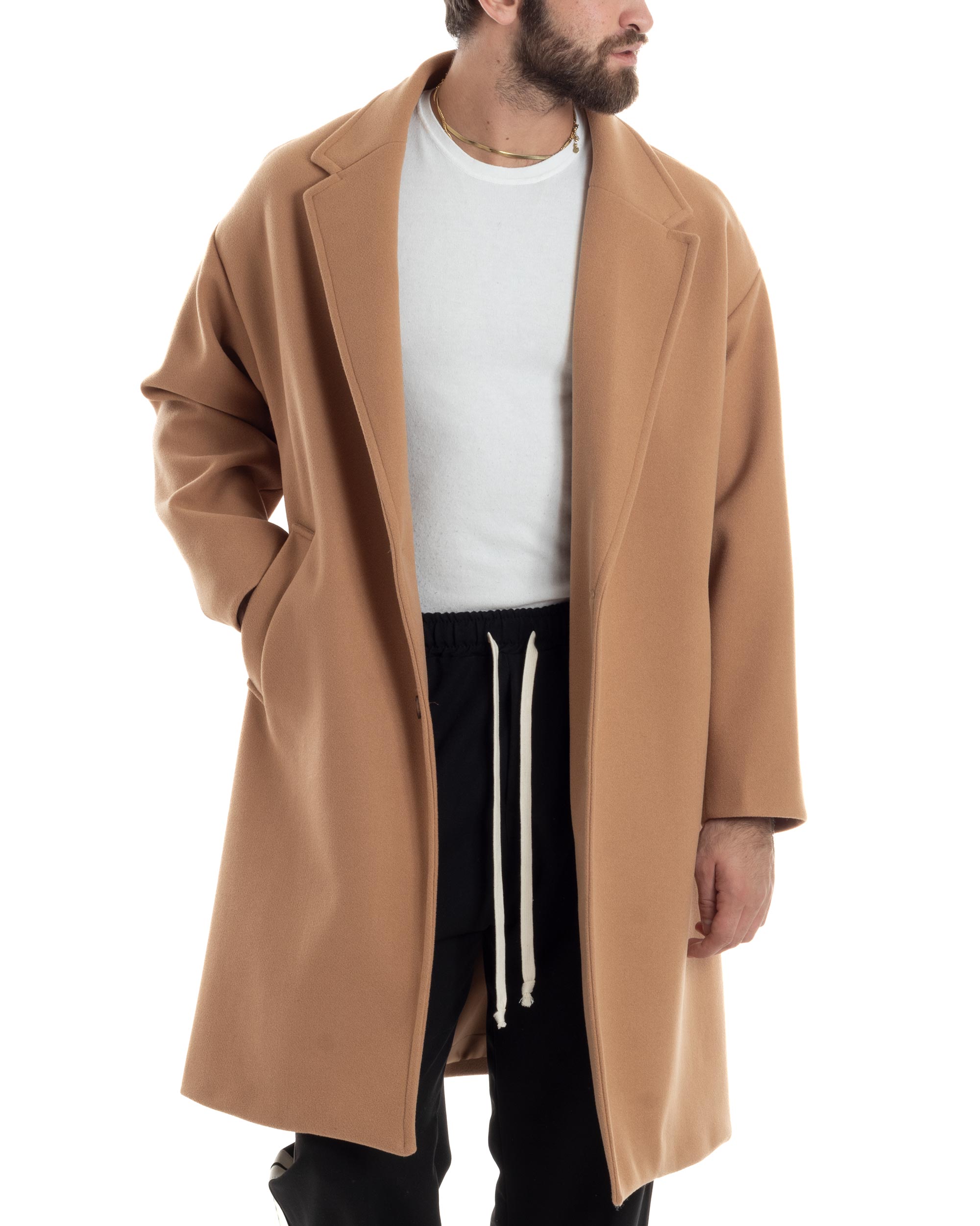 Cappotto Uomo Oversize Monopetto Con Maniche Raglan Collo Rever Tinta Unita Camel Casual Comfy GIOSAL-CO1063A