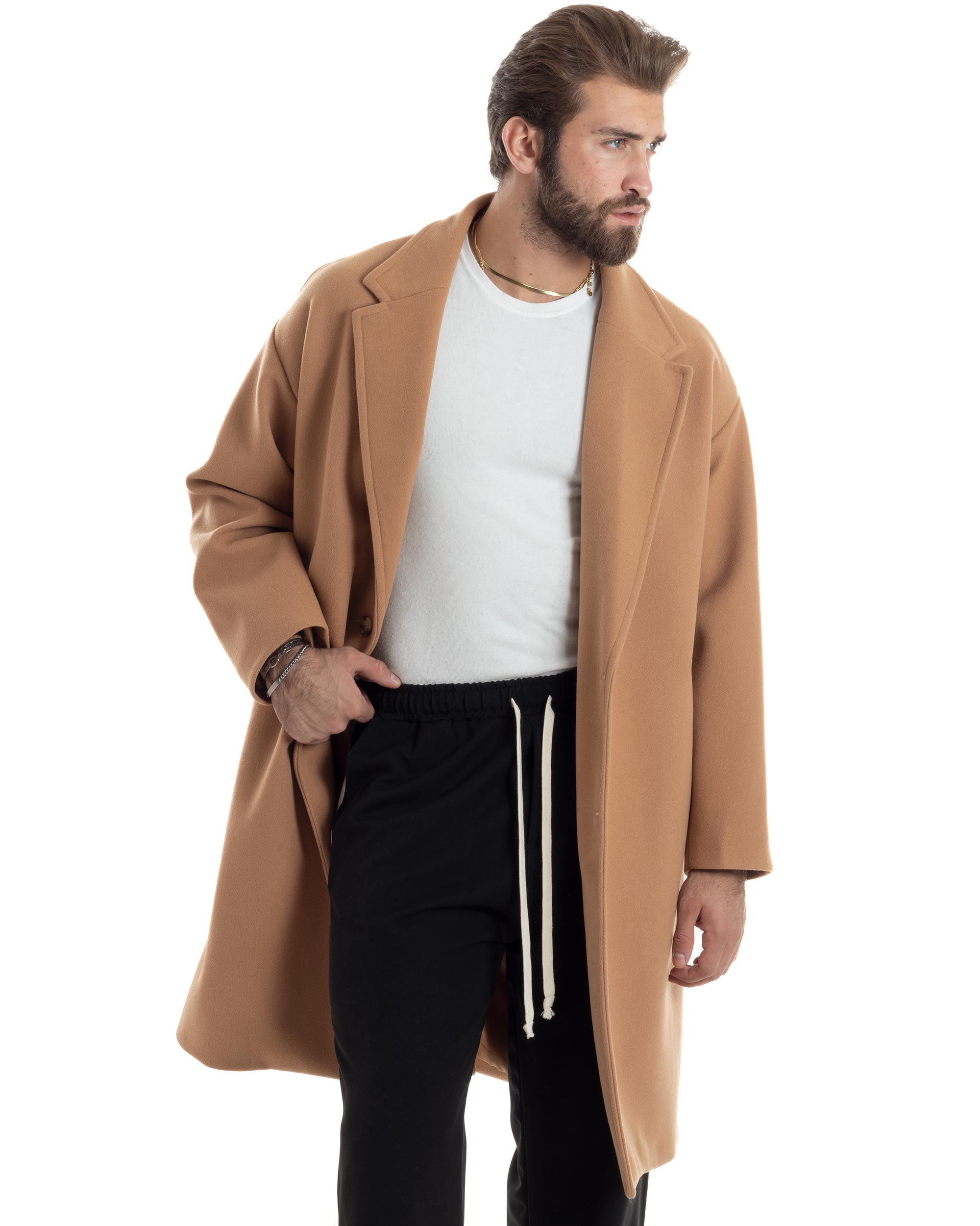 Cappotto Uomo Oversize Monopetto Con Maniche Raglan Collo Rever Tinta Unita Camel Casual Comfy GIOSAL-CO1063A