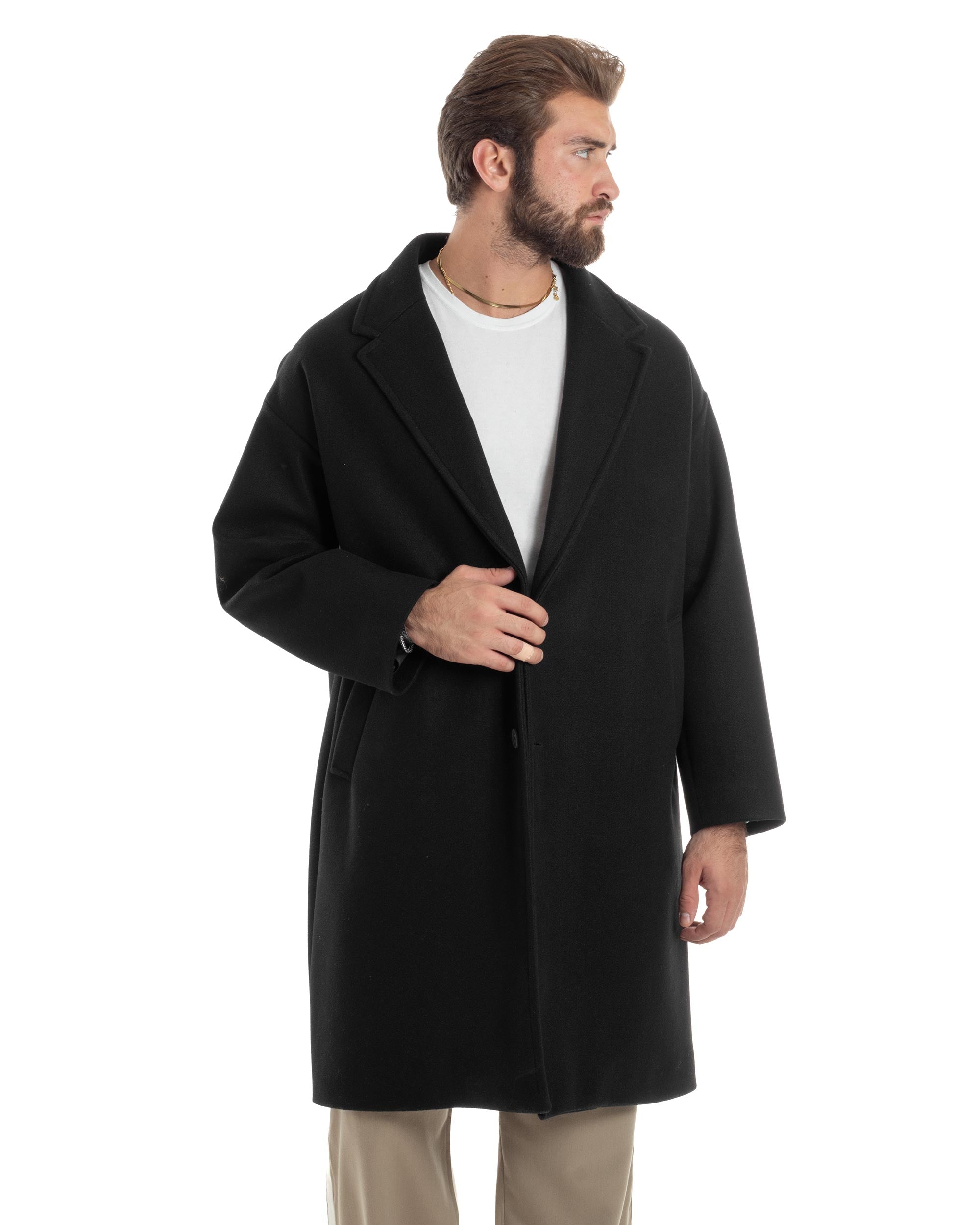 Cappotto Uomo Oversize Monopetto Con Maniche Raglan Collo Rever Tinta Unita Nero Casual Comfy GIOSAL-CO1064A