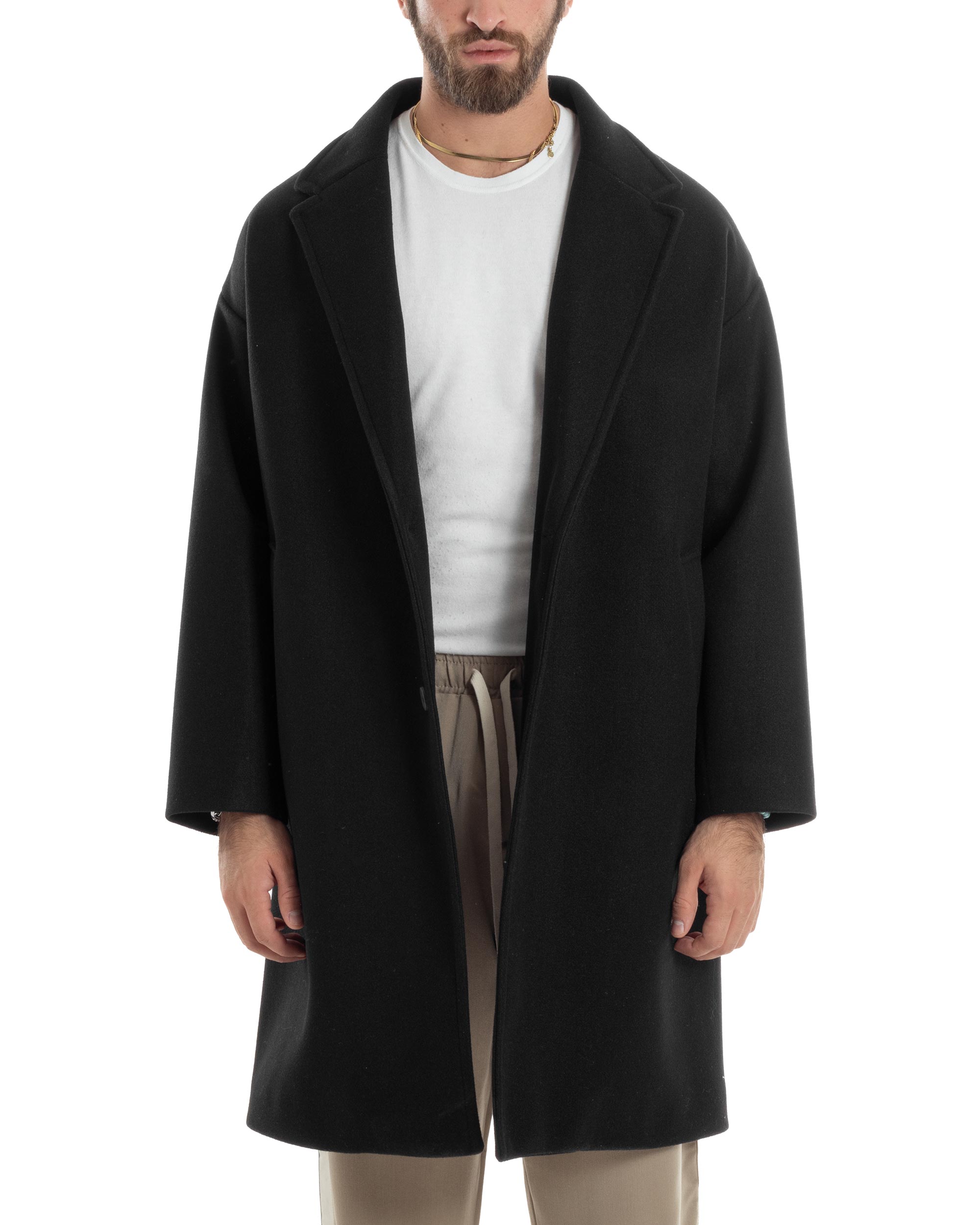 Cappotto Uomo Oversize Monopetto Con Maniche Raglan Collo Rever Tinta Unita Nero Casual Comfy GIOSAL-CO1064A