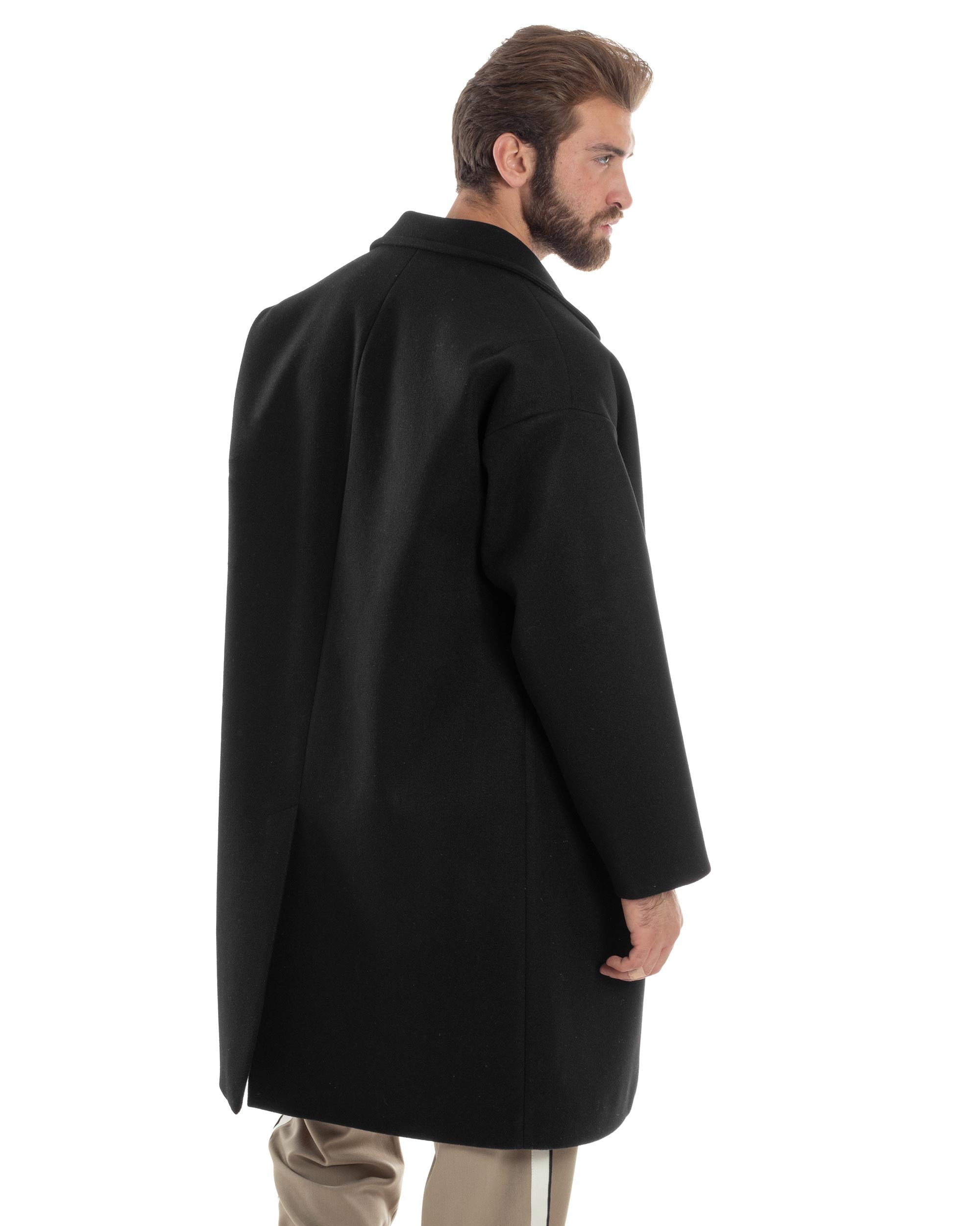 Cappotto Uomo Oversize Monopetto Con Maniche Raglan Collo Rever Tinta Unita Nero Casual Comfy GIOSAL-CO1064A