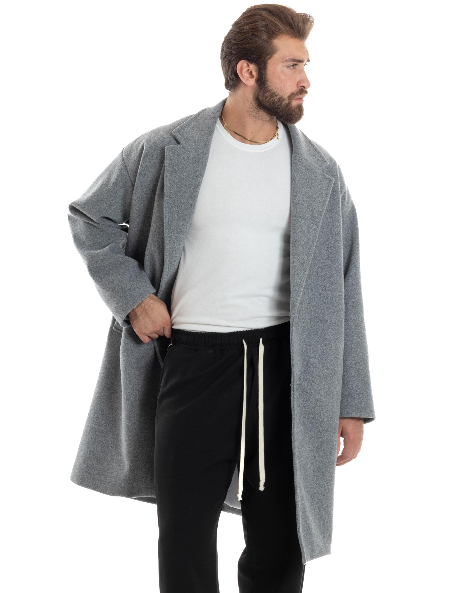 Cappotto Uomo Oversize Monopetto Con Maniche Raglan Collo Rever Tinta Unita Grigio Casual Comfy GIOSAL-CO1065A