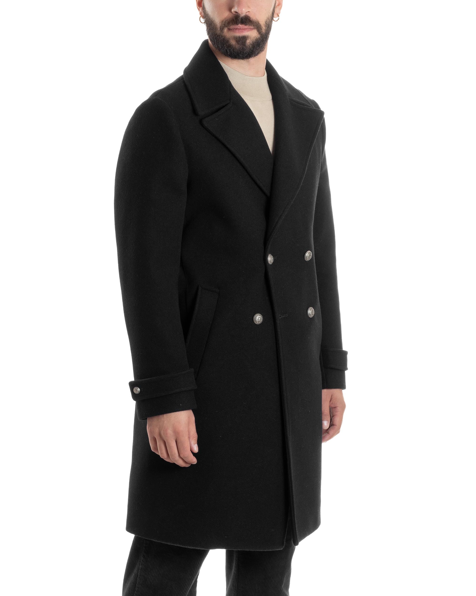 Cappotto Elegante Nero Classico Doppio petto Bottoni metallici Invernale Colletto a revers Cinturini Cintura posteriore Caldo Formale Versatile Raffinato Lungo-CO1067A