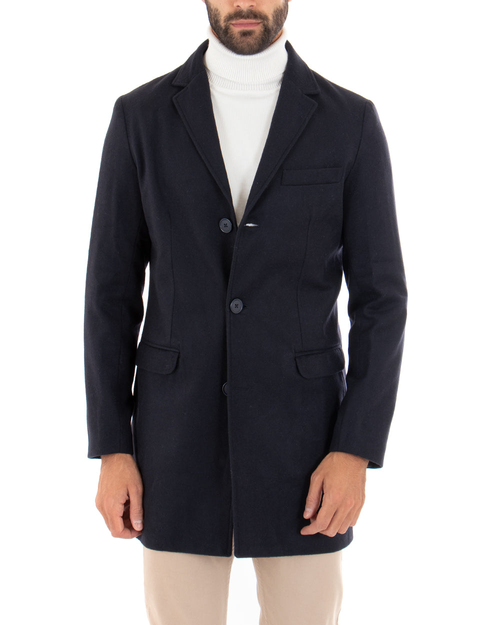 Cappotto Monopetto Uomo Giacca Colletto Rever Giaccone Tinta Unita Blu Baronetto Elegante GIOSAL-CO1069A