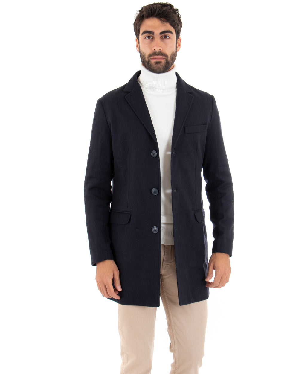 Cappotto Monopetto Uomo Giacca Colletto Rever Giaccone Tinta Unita Blu Baronetto Elegante GIOSAL-CO1069A