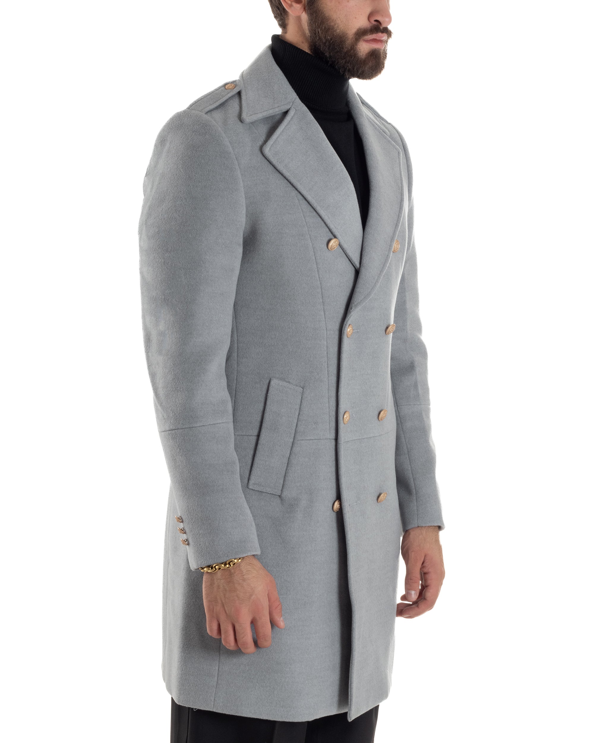 Cappotto Uomo Doppiopetto Lungo Revers A Lancia Tessuto Panno Bottoni Oro Grigio CO1078A