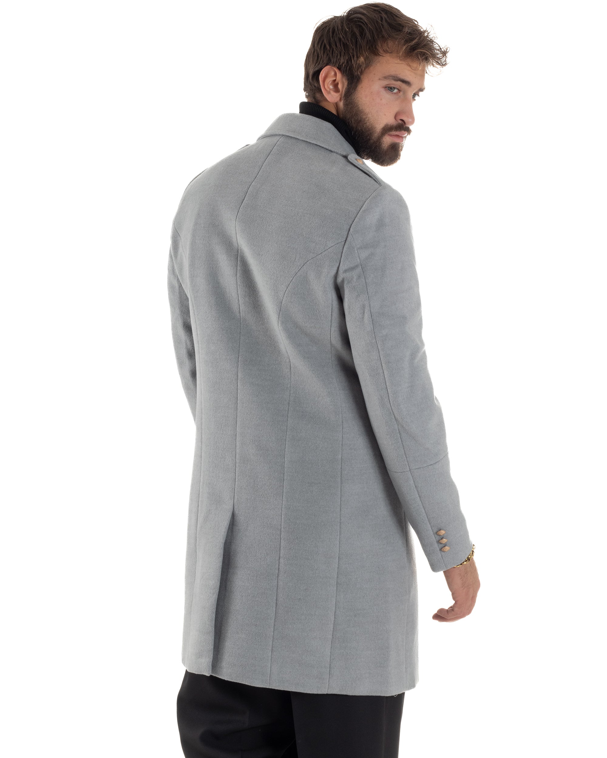 Cappotto Uomo Doppiopetto Lungo Revers A Lancia Tessuto Panno Bottoni Oro Grigio CO1078A