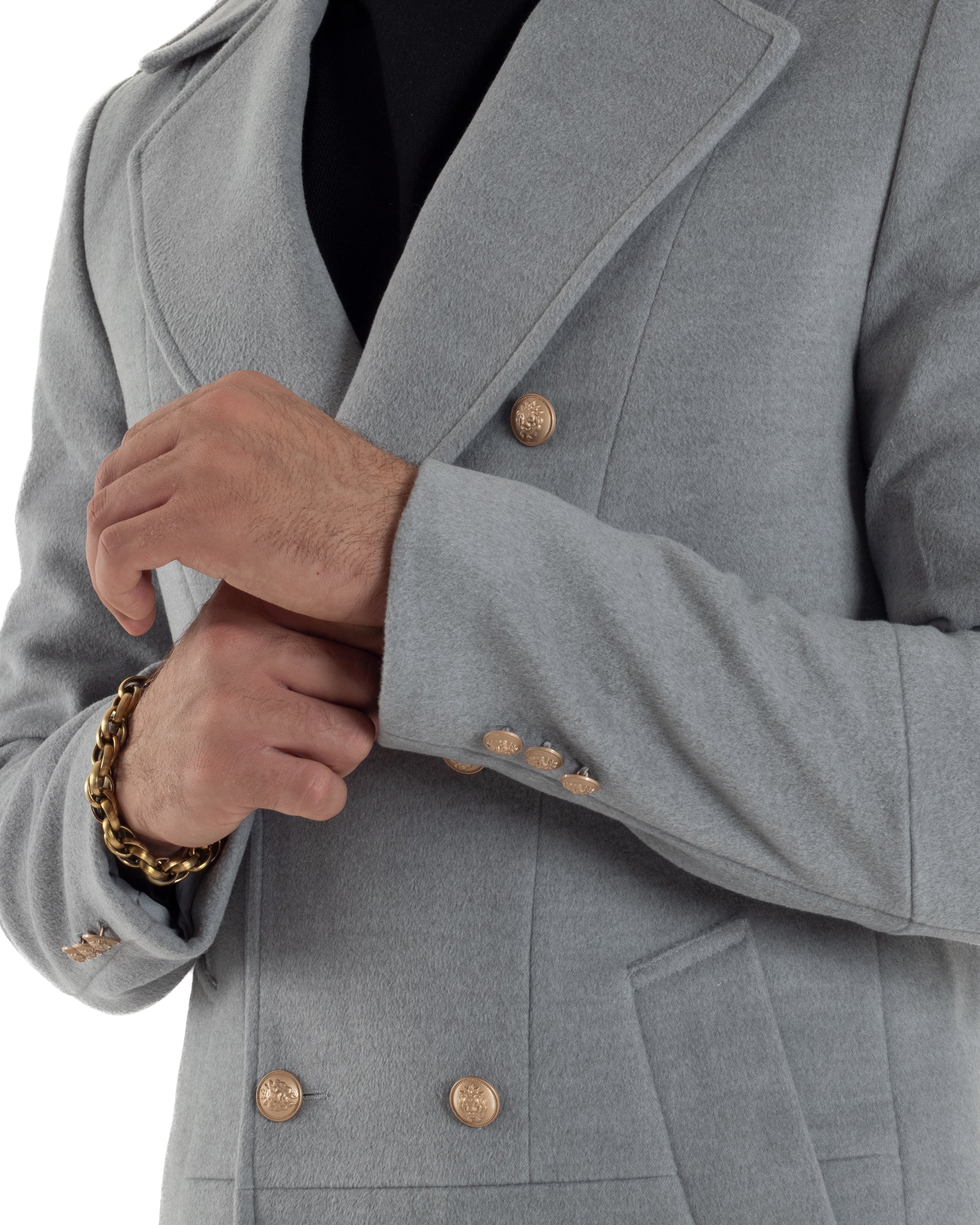 Cappotto Uomo Doppiopetto Lungo Revers A Lancia Tessuto Panno Bottoni Oro Grigio CO1078A