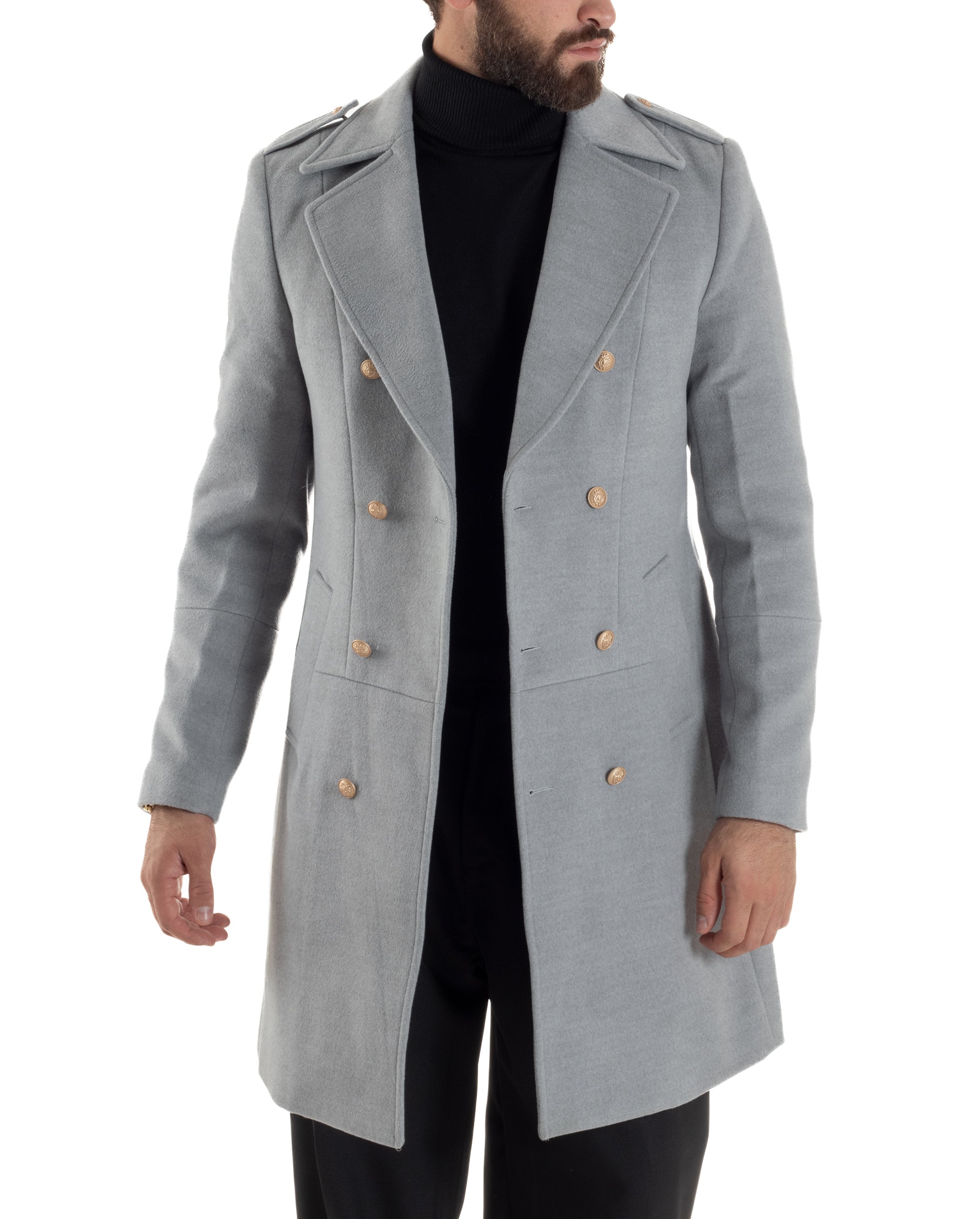 Cappotto Uomo Doppiopetto Lungo Revers A Lancia Tessuto Panno Bottoni Oro Grigio CO1078A