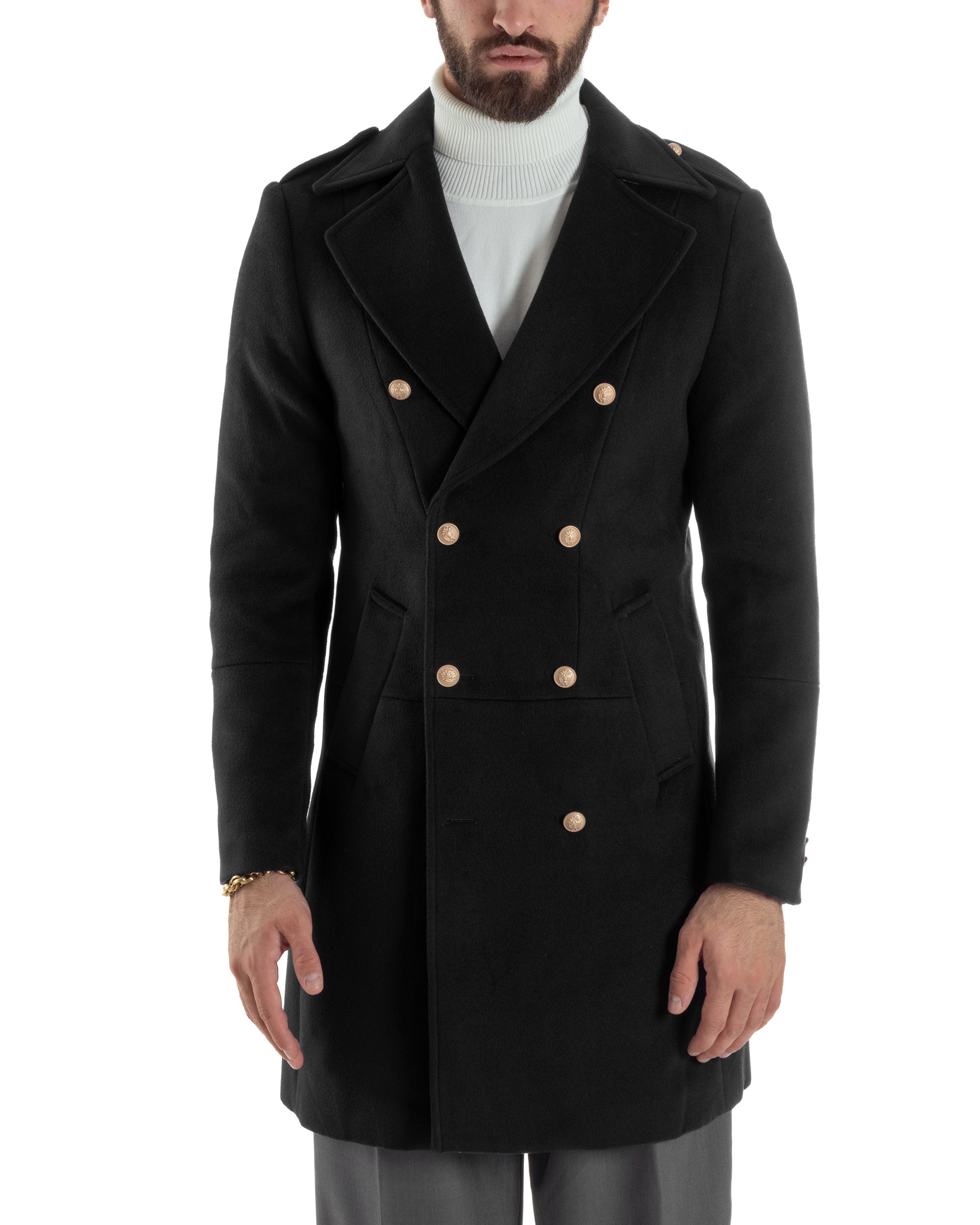 Cappotto Uomo Doppiopetto Lungo Revers A Lancia Tessuto Panno Bottoni Oro Nero CO1079A