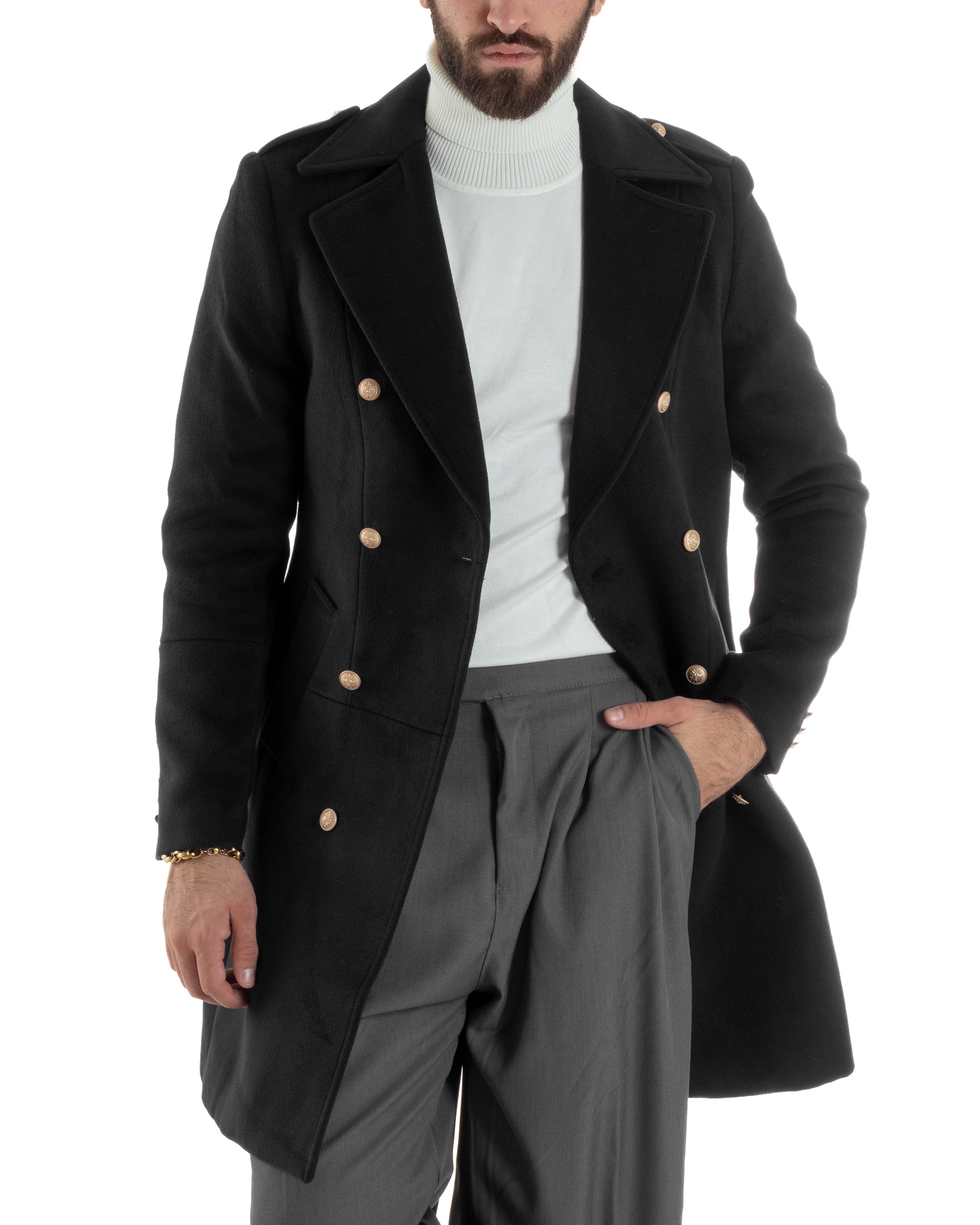 Cappotto Uomo Doppiopetto Lungo Revers A Lancia Tessuto Panno Bottoni Oro Nero CO1079A