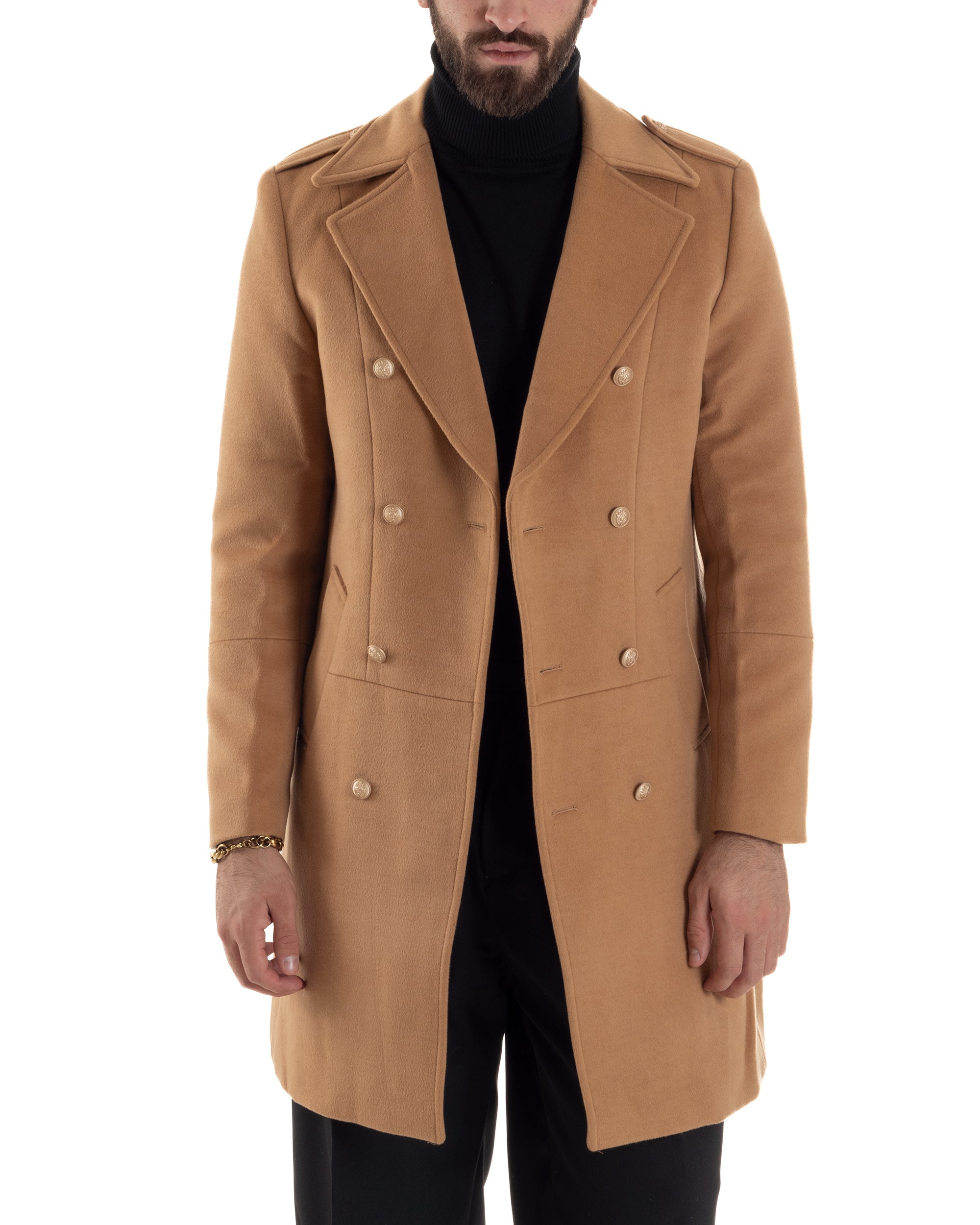 Cappotto Uomo Doppiopetto Lungo Revers A Lancia Tessuto Panno Bottoni Oro Camel CO1080A
