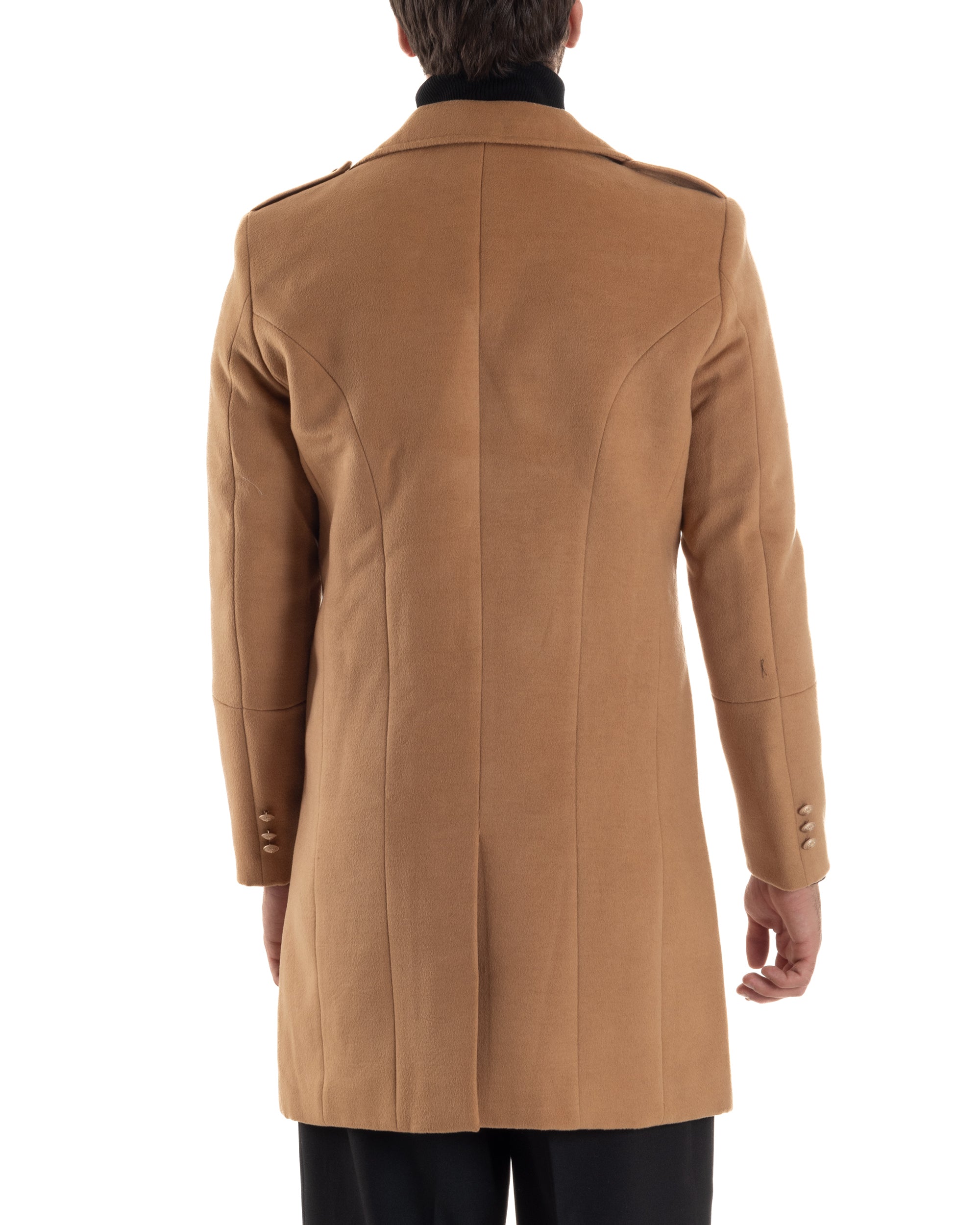 Cappotto Uomo Doppiopetto Lungo Revers A Lancia Tessuto Panno Bottoni Oro Camel CO1080A