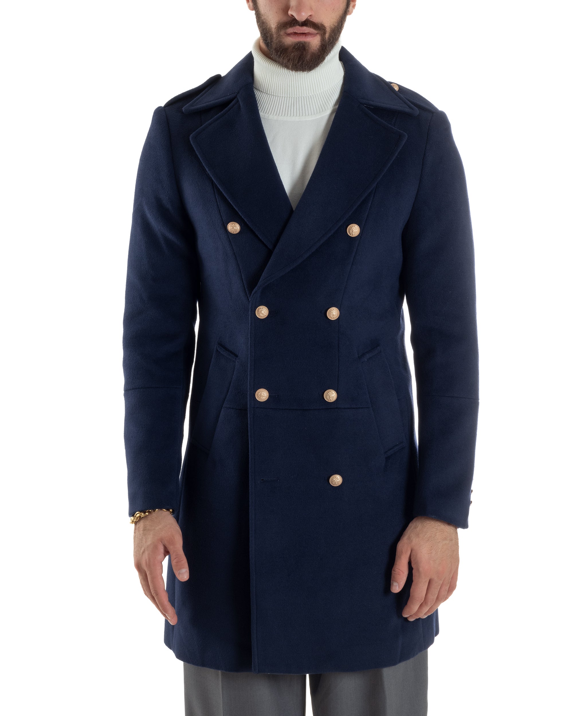 Cappotto Uomo Doppiopetto Lungo Revers A Lancia Tessuto Panno Bottoni Oro Blu CO1081A