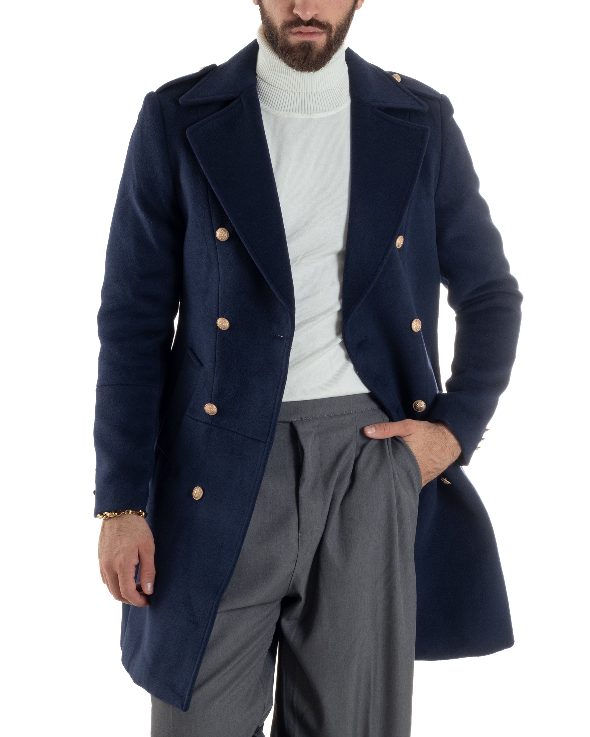 Cappotto Uomo Doppiopetto Lungo Revers A Lancia Tessuto Panno Bottoni Oro Blu CO1081A