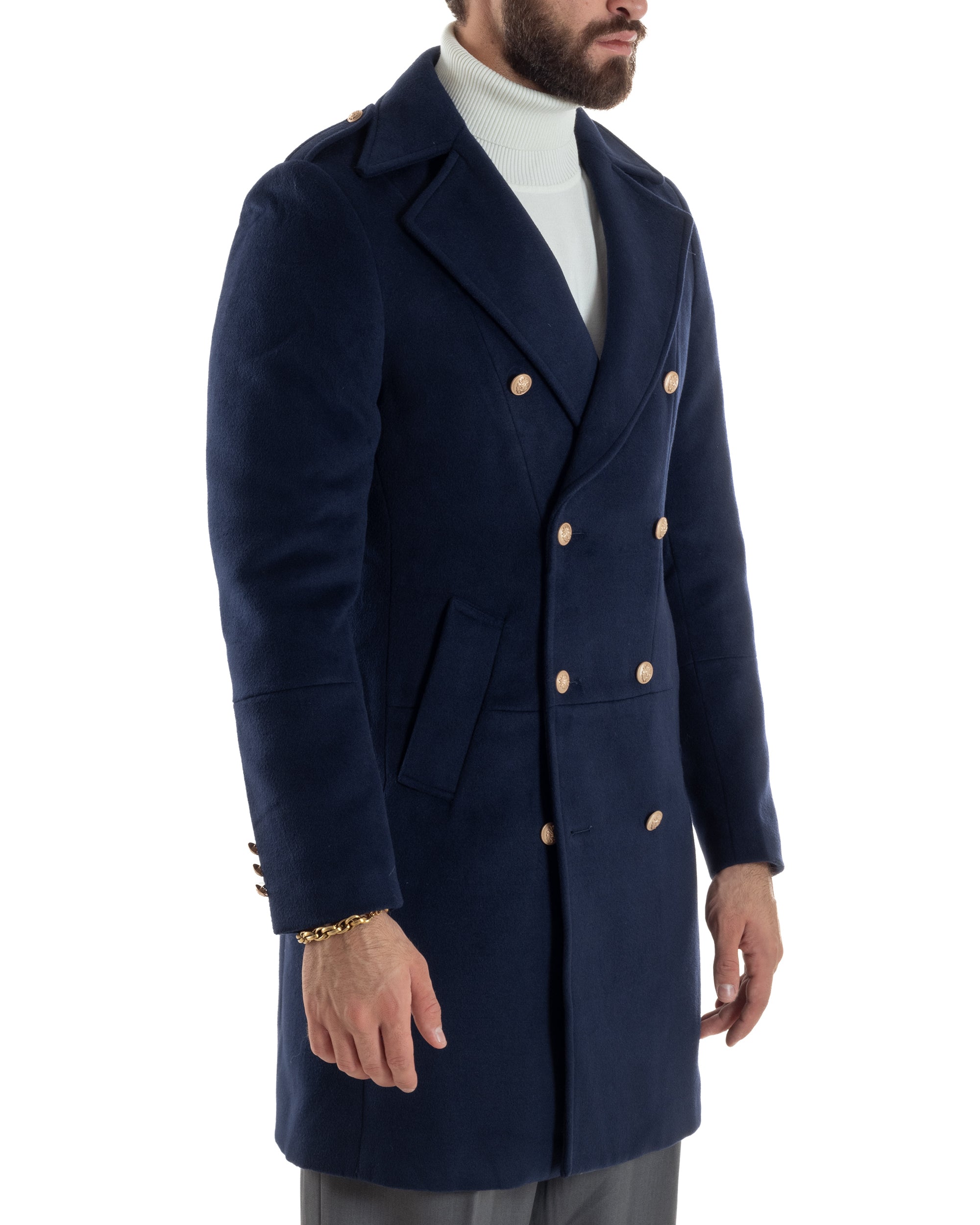 Cappotto Uomo Doppiopetto Lungo Revers A Lancia Tessuto Panno Bottoni Oro Blu CO1081A