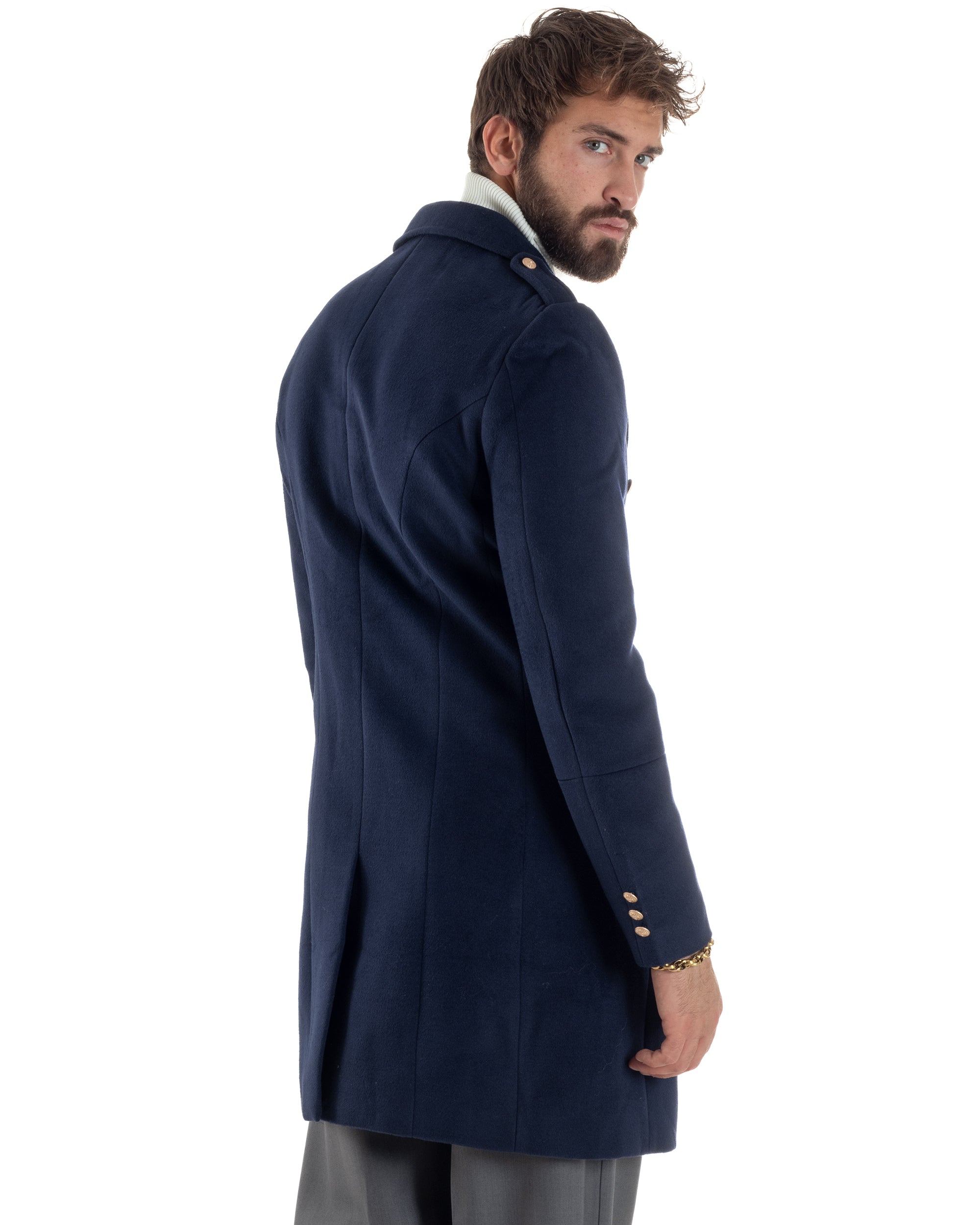 Cappotto Uomo Doppiopetto Lungo Revers A Lancia Tessuto Panno Bottoni Oro Blu CO1081A