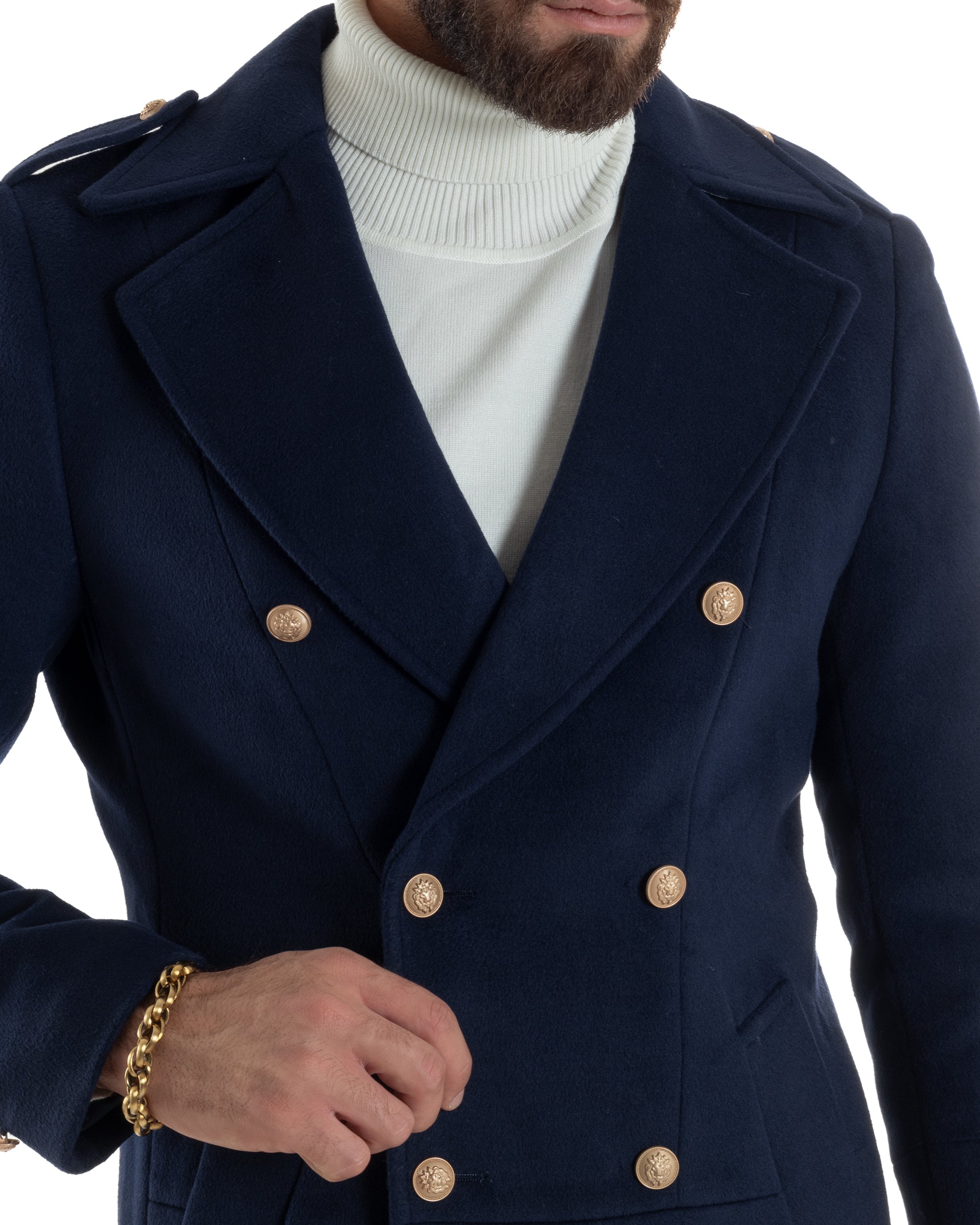Cappotto Uomo Doppiopetto Lungo Revers A Lancia Tessuto Panno Bottoni Oro Blu CO1081A