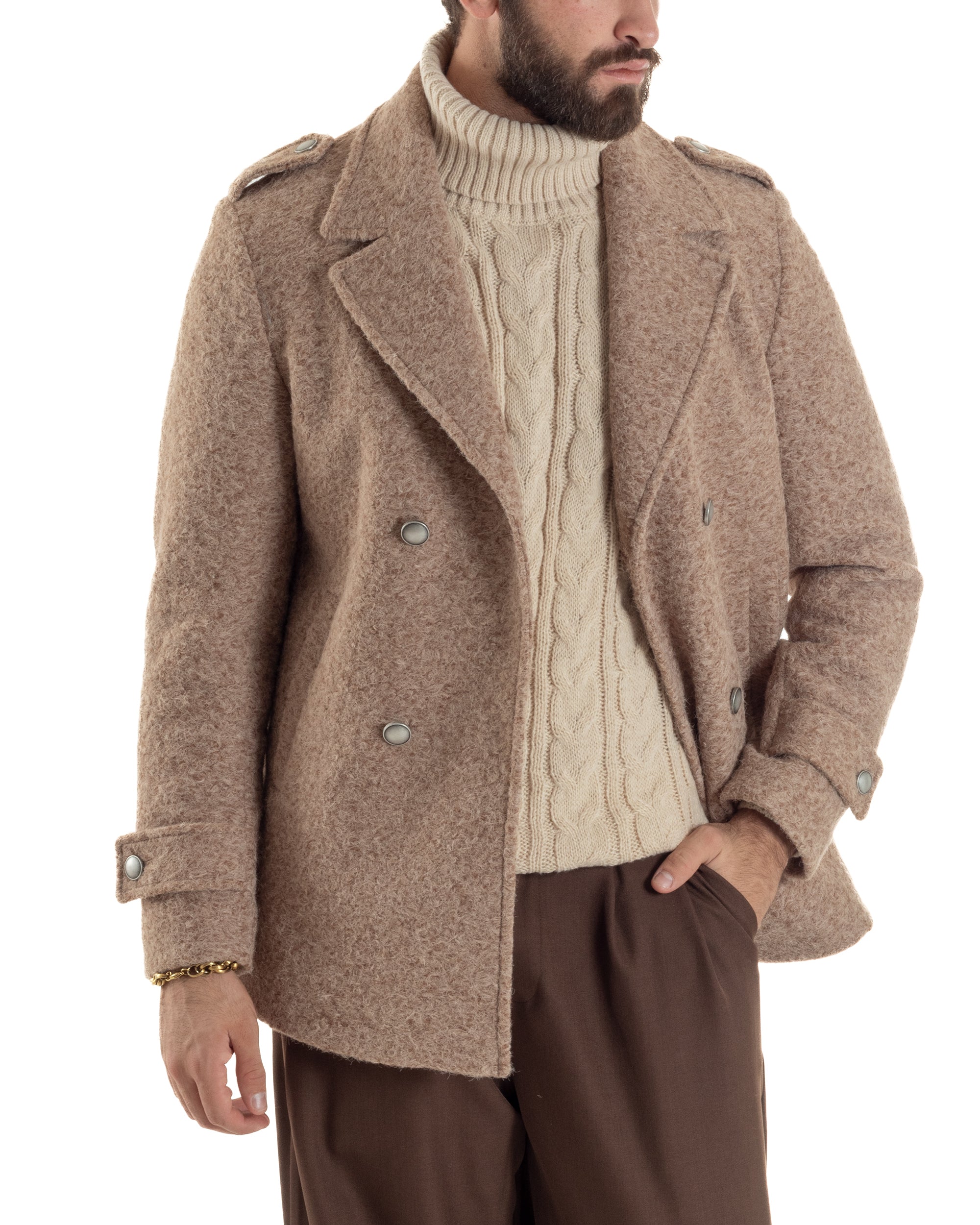 Cappotto Uomo Doppiopetto Corto Teddy Revers Camel Over-D OE1F2W5J44