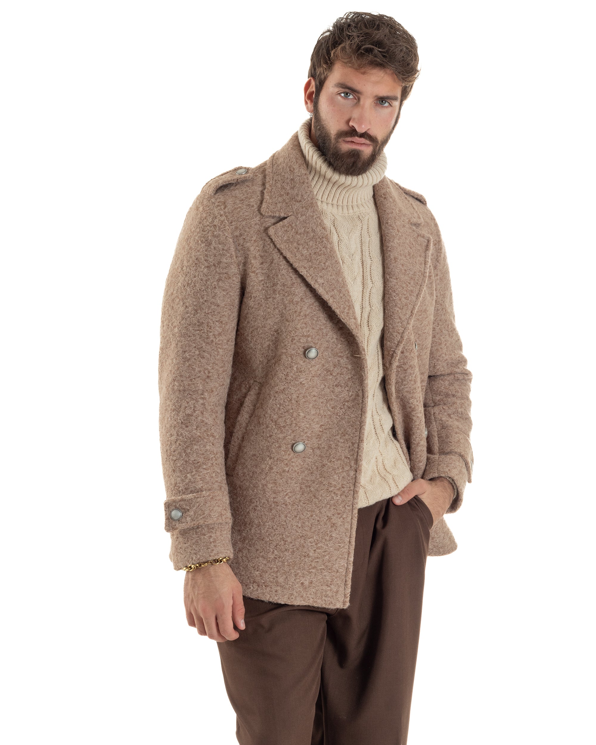 Cappotto Uomo Doppiopetto Corto Teddy Revers Camel Over-D OE1F2W5J44