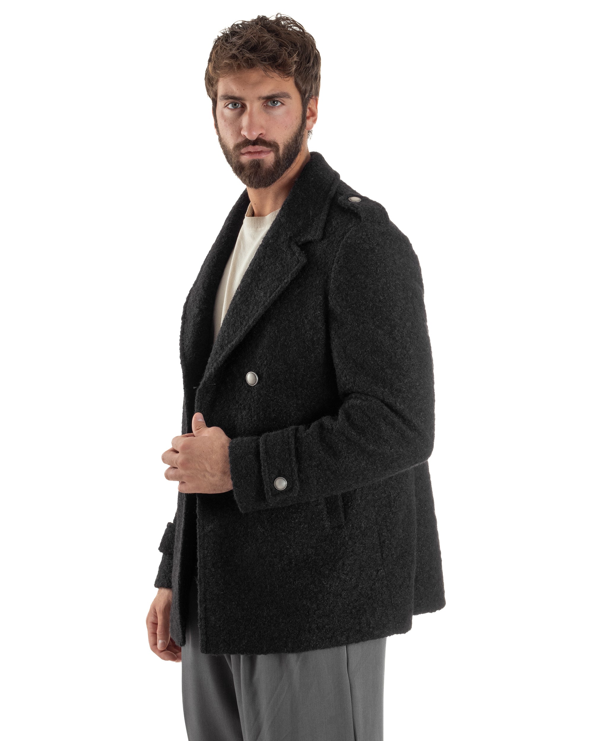 Cappotto Uomo Doppiopetto Corto Teddy Revers Nero Over-D OE1F2W5J44