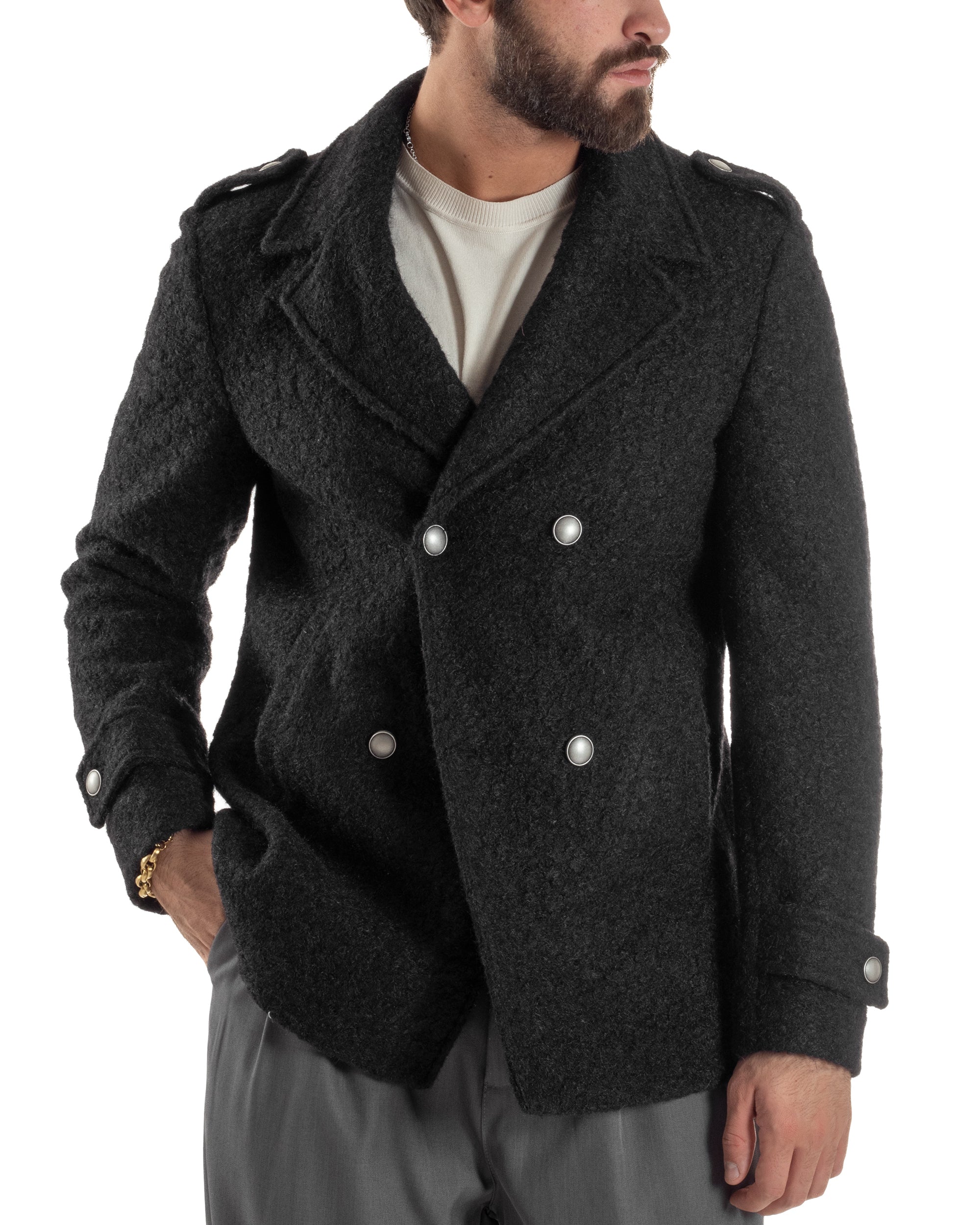 Cappotto Uomo Doppiopetto Corto Teddy Revers Nero Over-D OE1F2W5J44