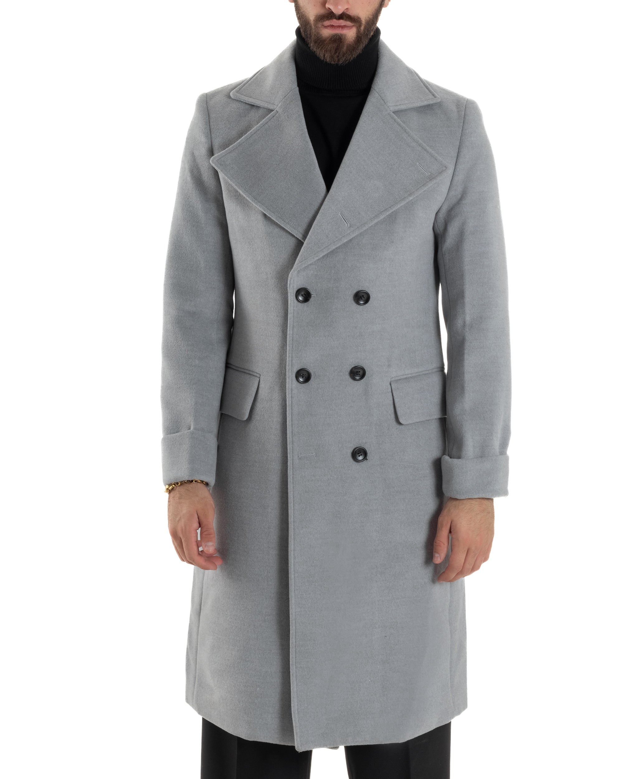 Cappotto Uomo Doppiopetto Lungo Revers A Lancia Tessuto Panno Tinta Unita Grigio CO1084A